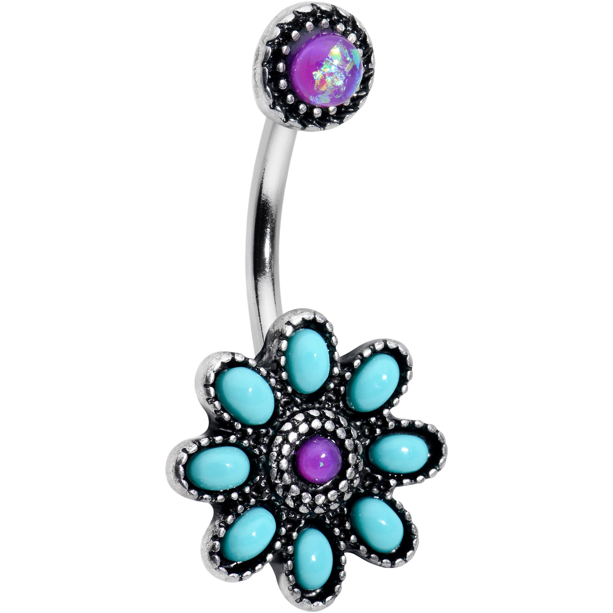 BodyCandy Blue Faux Opal Flower Teal Petals Double Mount Belly Ring — main product shot
