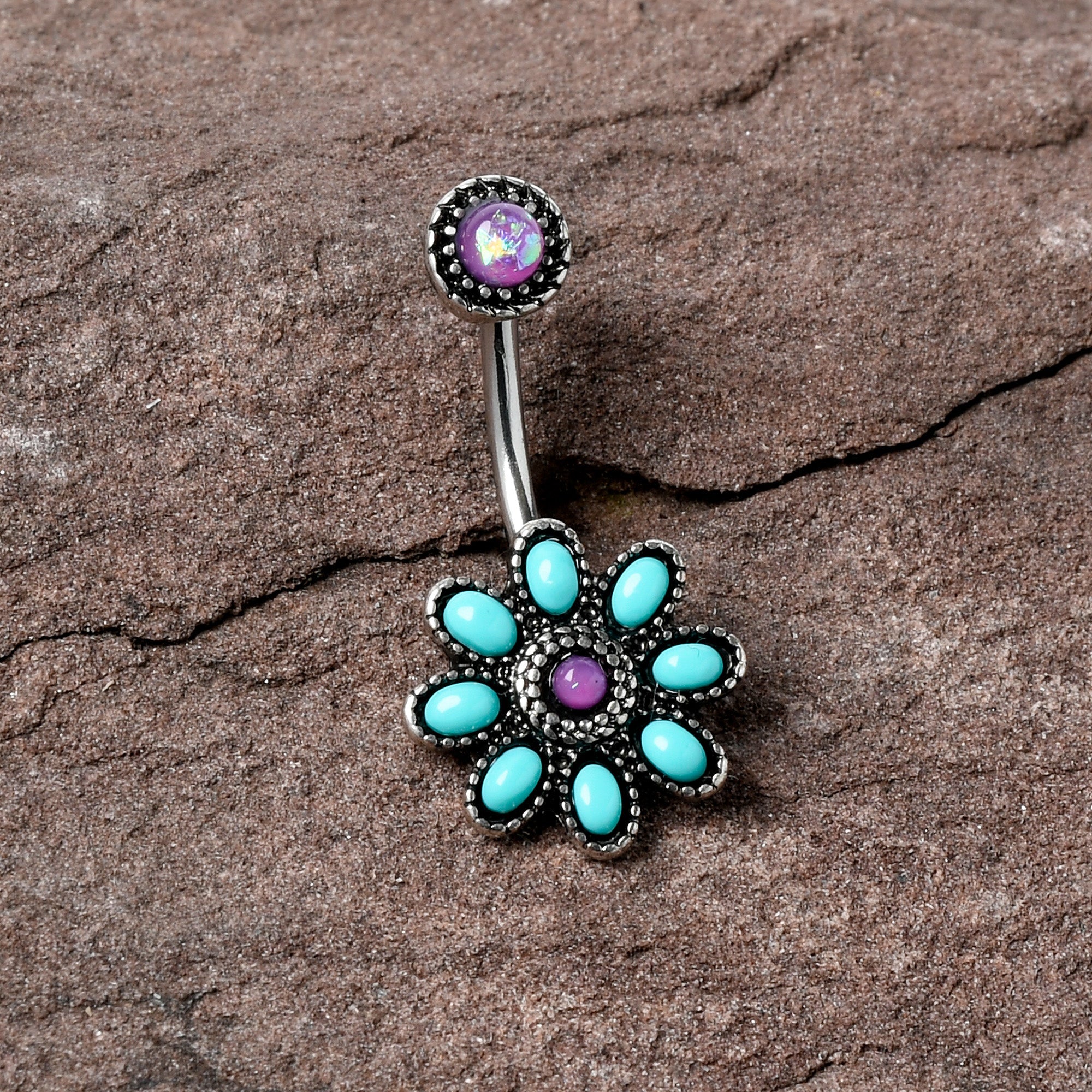 BodyCandy Blue Faux Opal Flower Teal Petals Double Mount Belly Ring — detail close-up