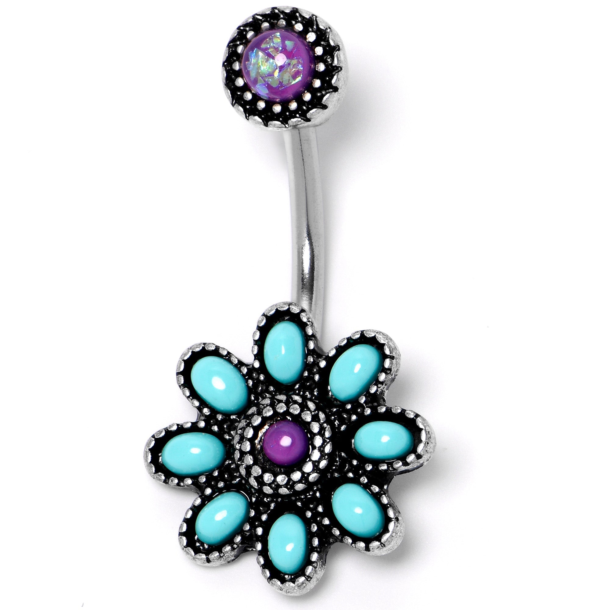 BodyCandy Blue Faux Opal Flower Teal Petals Double Mount Belly Ring — lifestyle context