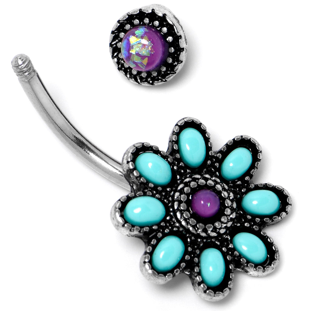 BodyCandy Blue Faux Opal Flower Teal Petals Double Mount Belly Ring — side view