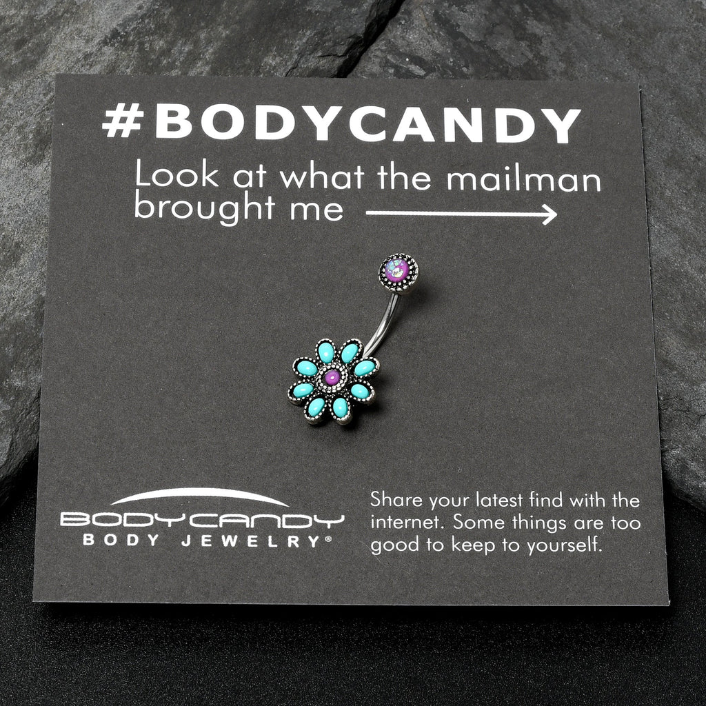 BodyCandy Blue Faux Opal Flower Teal Petals Double Mount Belly Ring — alternative angle