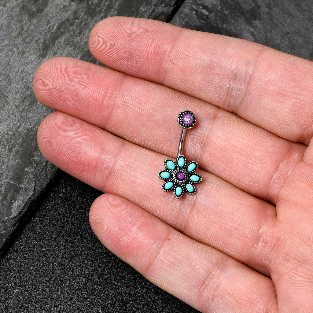 BodyCandy Blue Faux Opal Flower Teal Petals Double Mount Belly Ring — in-use photo