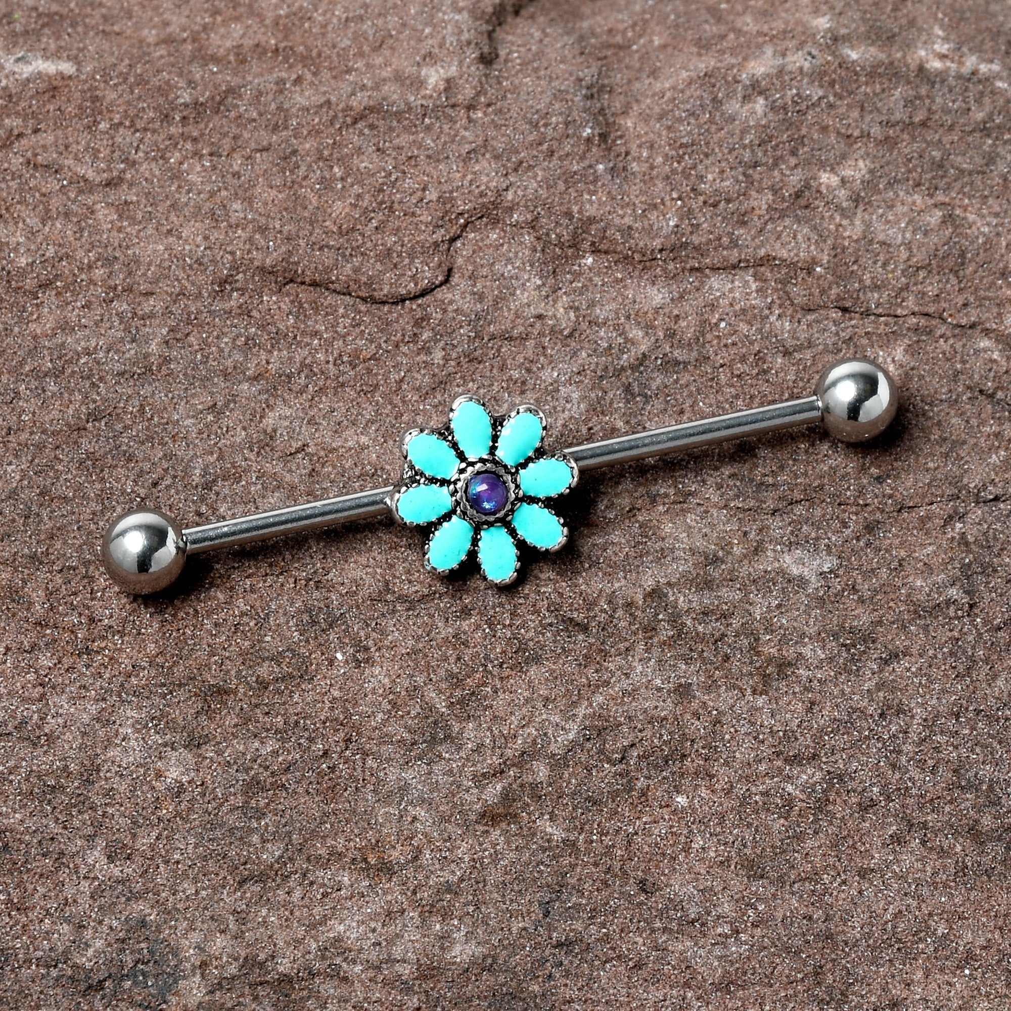BodyCandy 14G Blue Faux Opal Flower Teal Petals Industrial Barbell 38mm — detail close-up