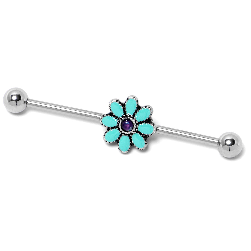 BodyCandy 14G Blue Faux Opal Flower Teal Petals Industrial Barbell 38mm — lifestyle context
