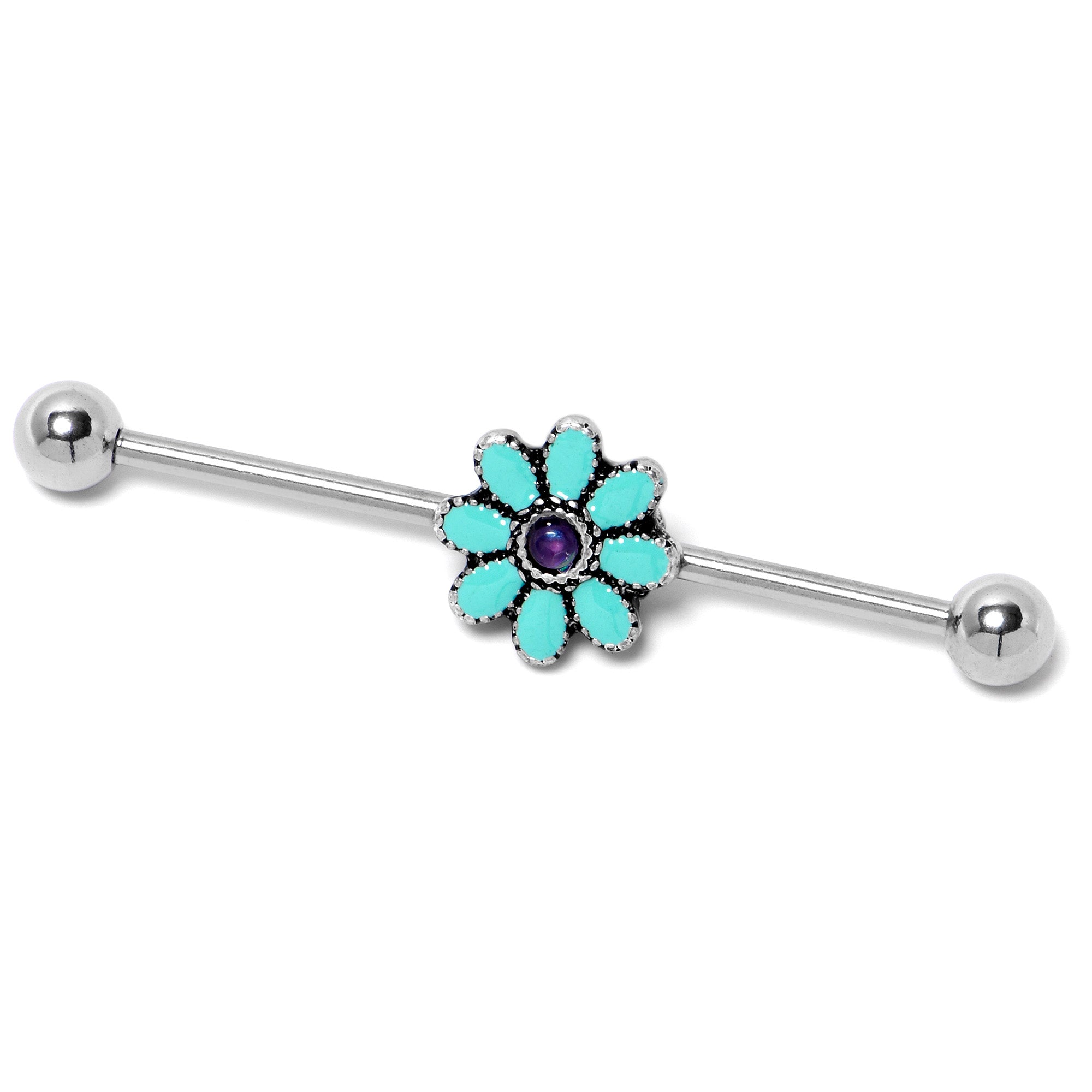 BodyCandy 14G Blue Faux Opal Flower Teal Petals Industrial Barbell 38mm — lifestyle context