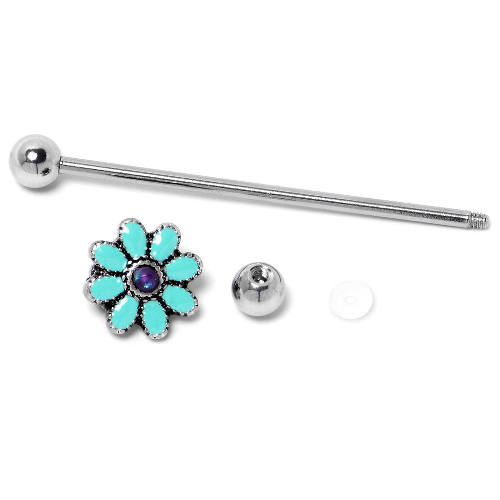 BodyCandy 14G Blue Faux Opal Flower Teal Petals Industrial Barbell 38mm — side view