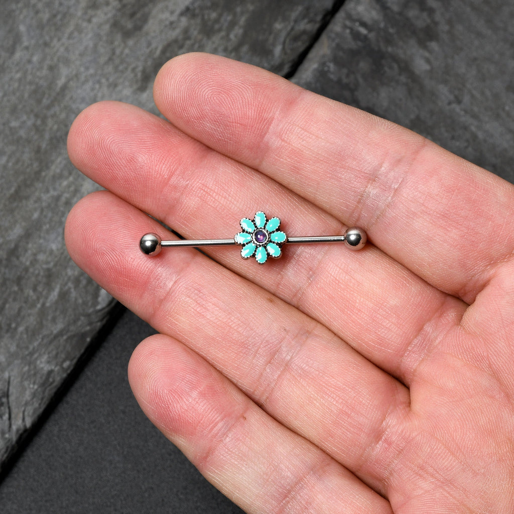 BodyCandy 14G Blue Faux Opal Flower Teal Petals Industrial Barbell 38mm — back view