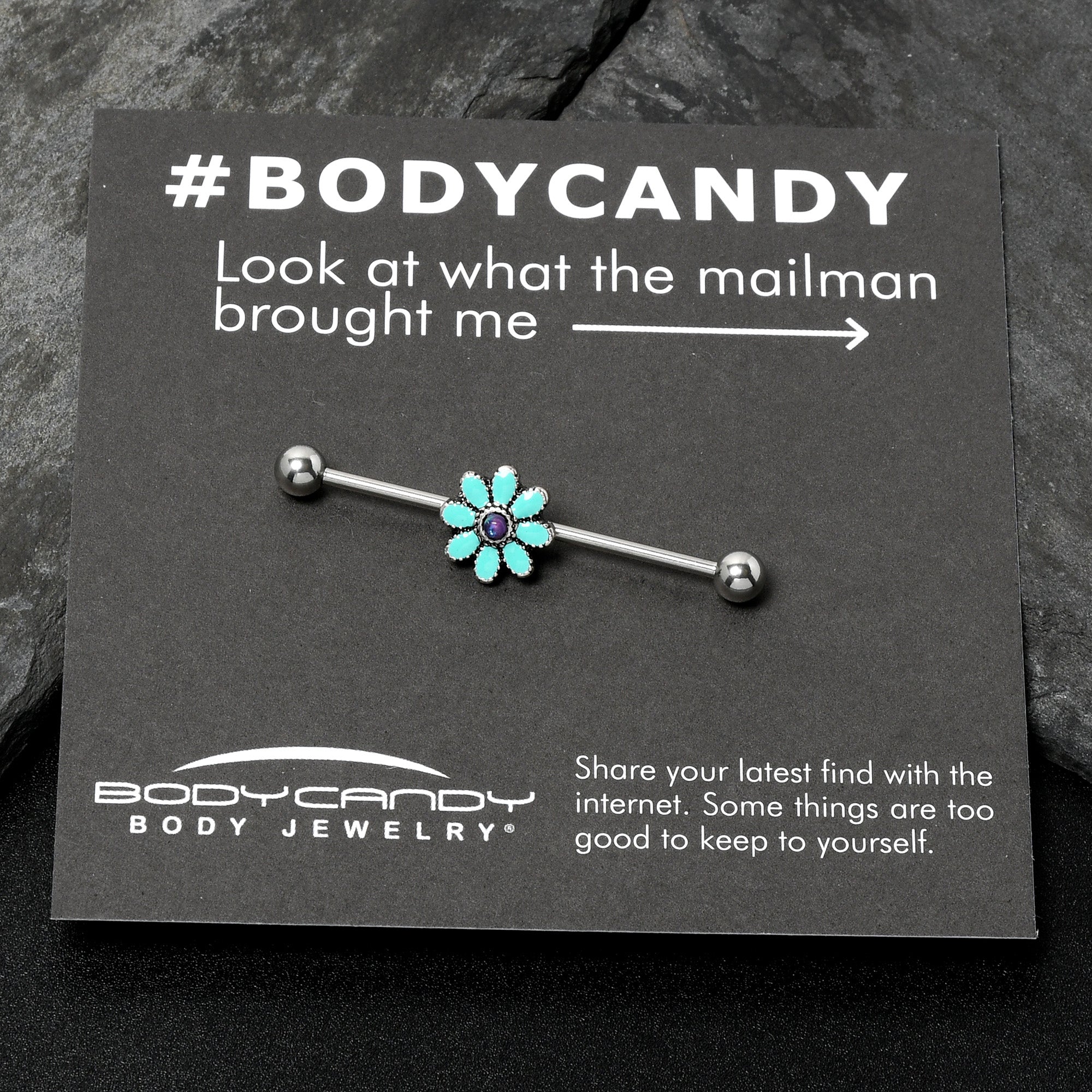 BodyCandy 14G Blue Faux Opal Flower Teal Petals Industrial Barbell 38mm — alternative angle