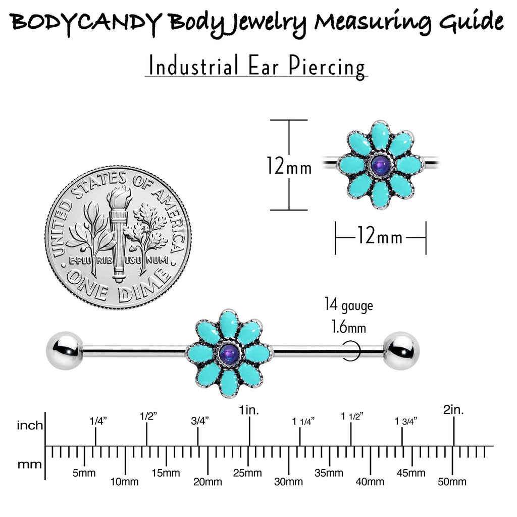 BodyCandy 14G Blue Faux Opal Flower Teal Petals Industrial Barbell 38mm — in-use photo