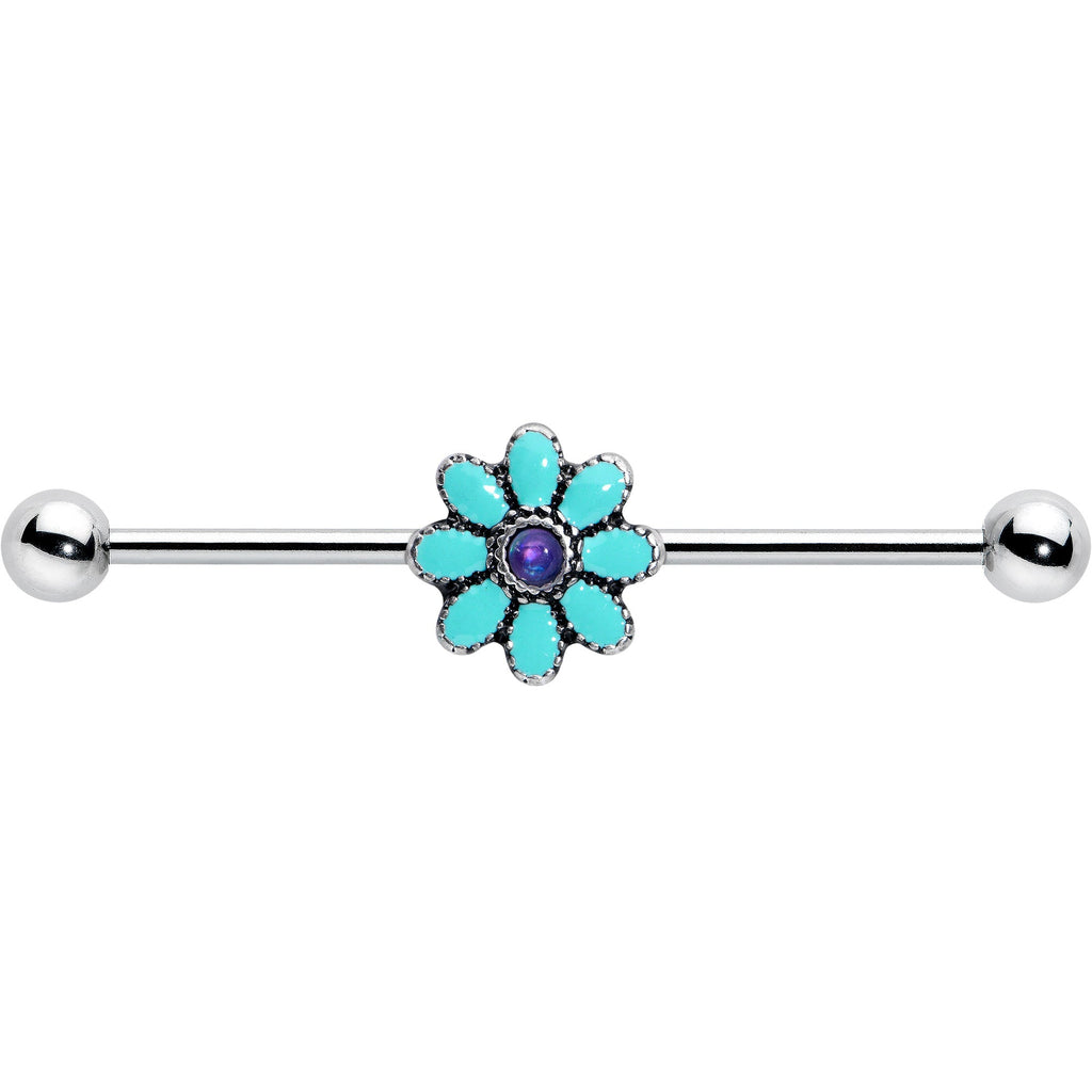 BodyCandy 14G Blue Faux Opal Flower Teal Petals Industrial Barbell 38mm — size reference