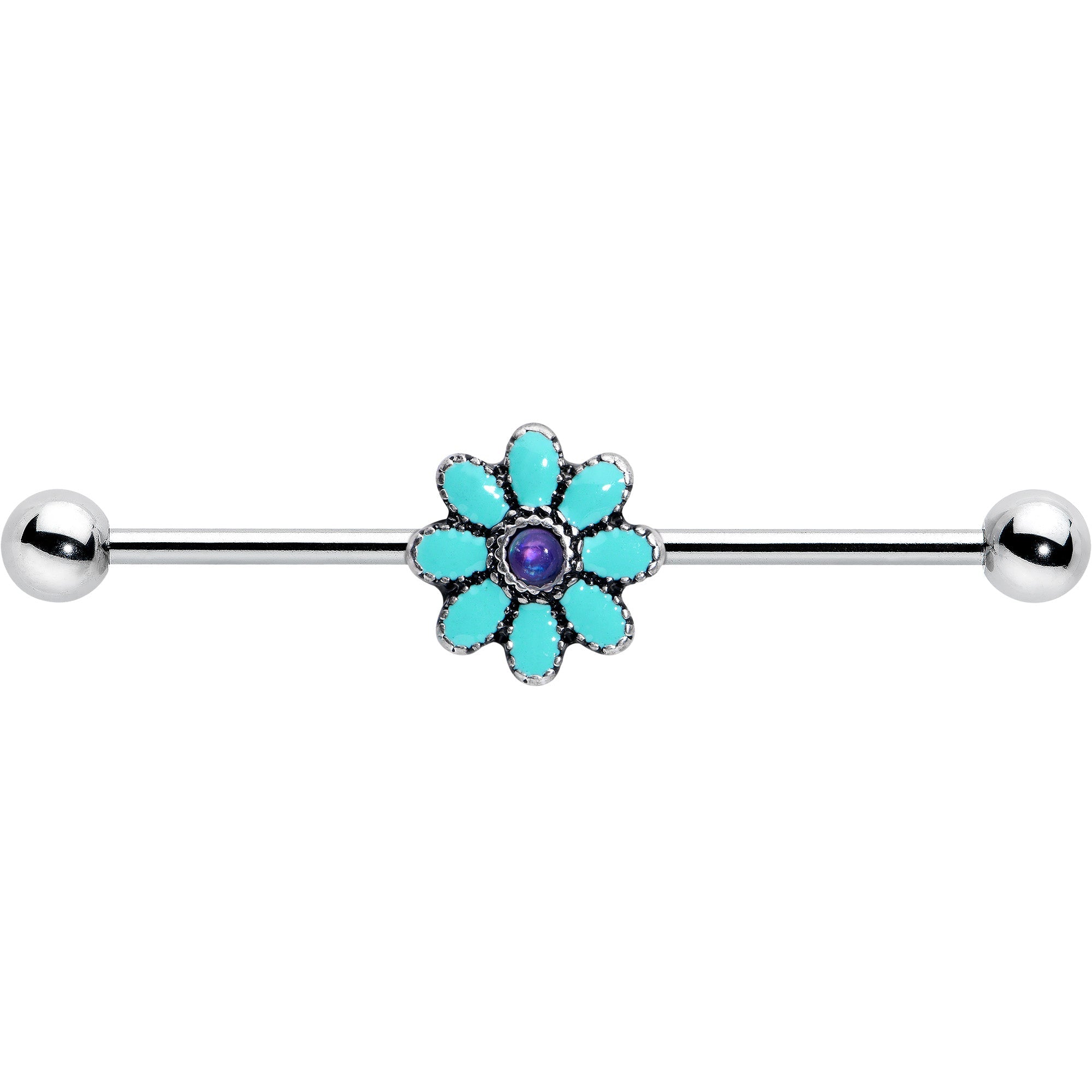 BodyCandy 14G Blue Faux Opal Flower Teal Petals Industrial Barbell 38mm — size reference