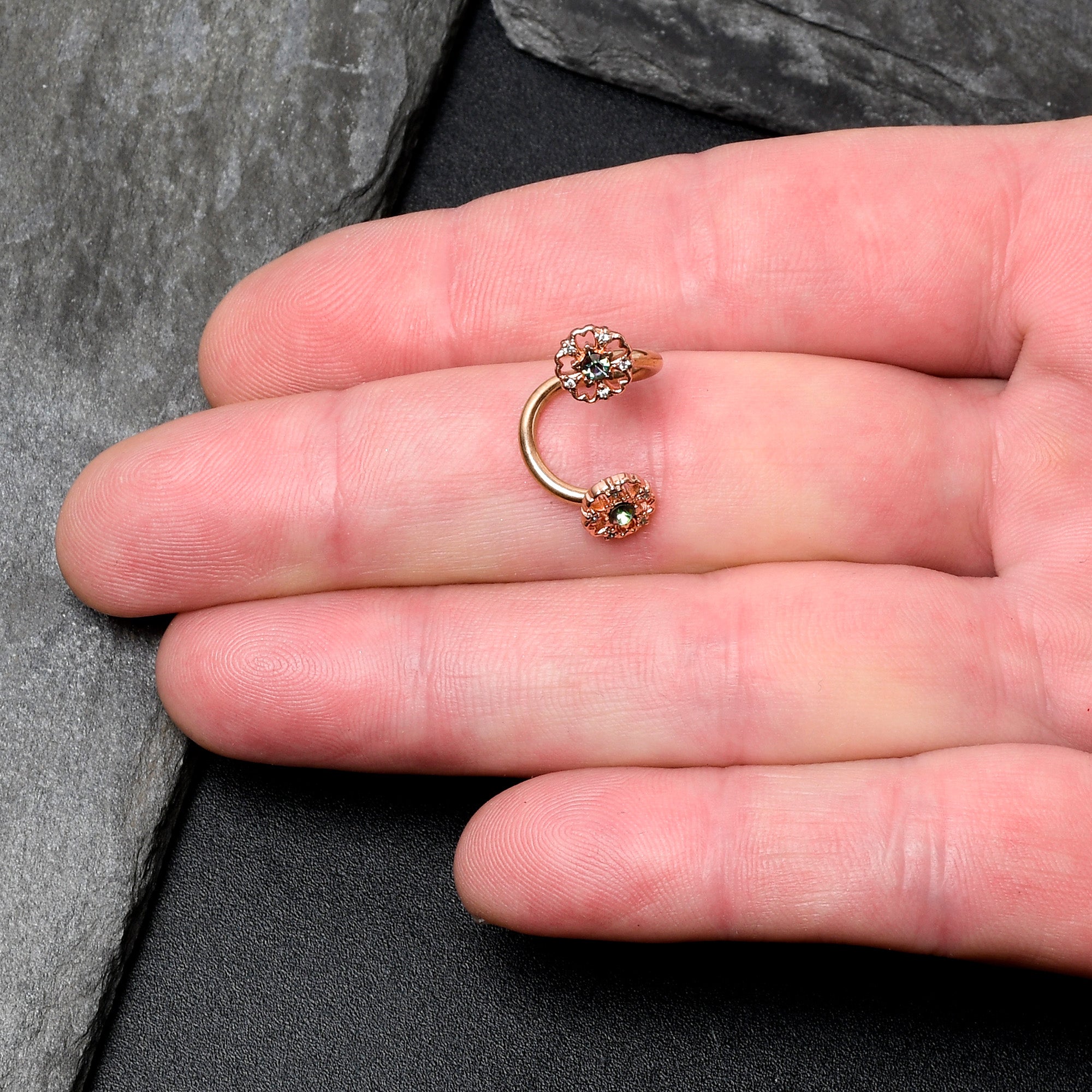 BodyCandy Vitrail Gem Rose Gold Tone Flower Spiral Twister Belly Ring — detail close-up