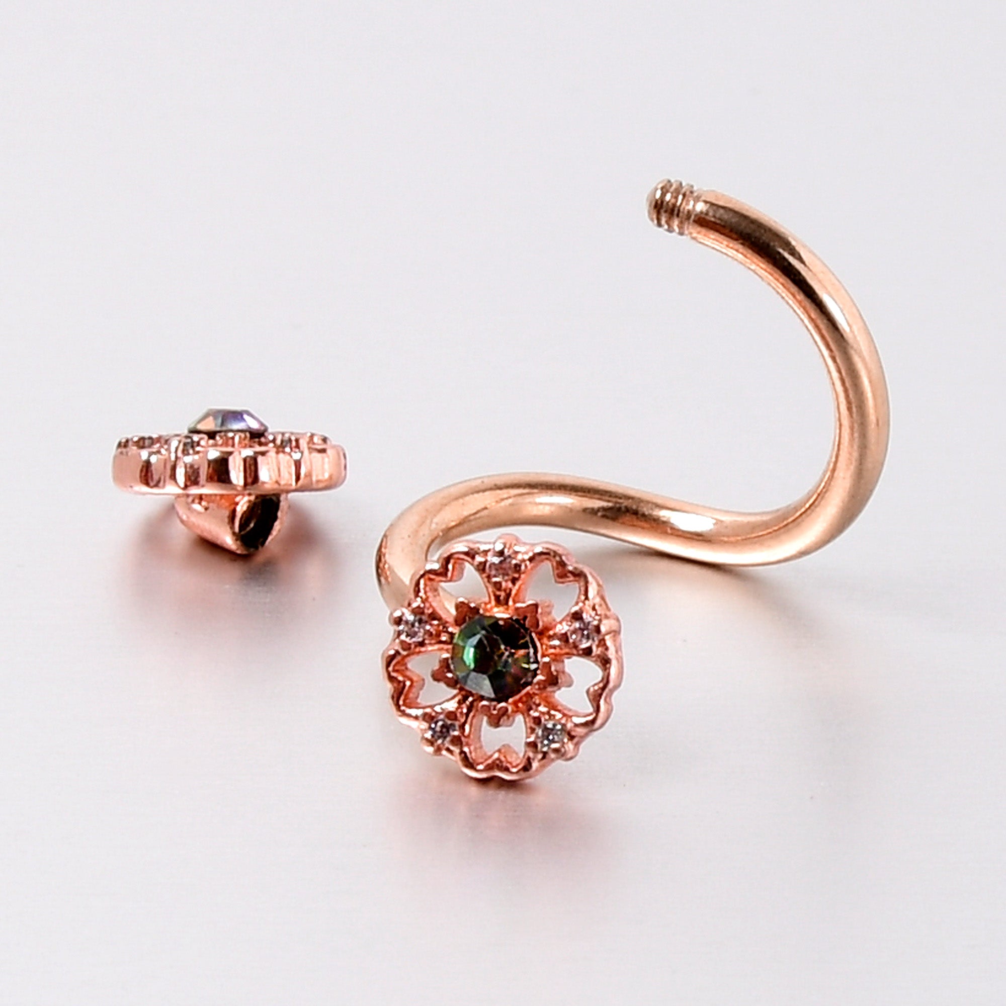 BodyCandy Vitrail Gem Rose Gold Tone Flower Spiral Twister Belly Ring — side view