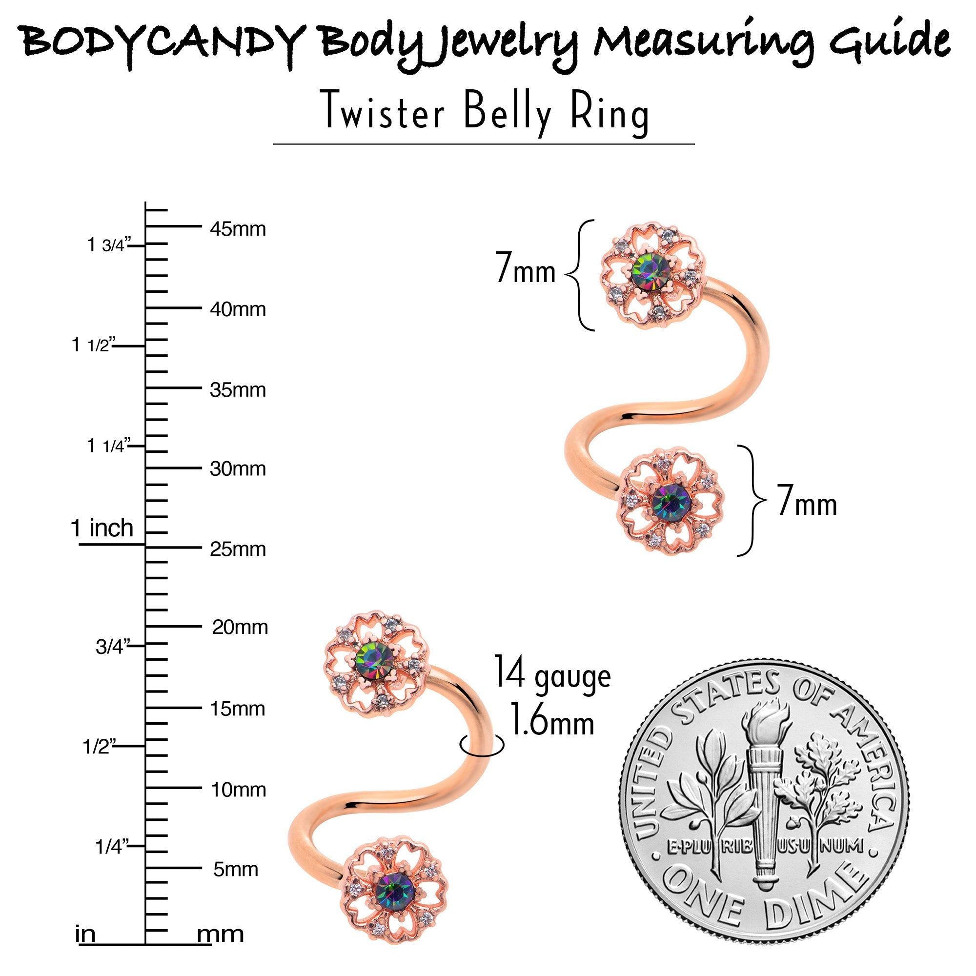 BodyCandy Vitrail Gem Rose Gold Tone Flower Spiral Twister Belly Ring — back view