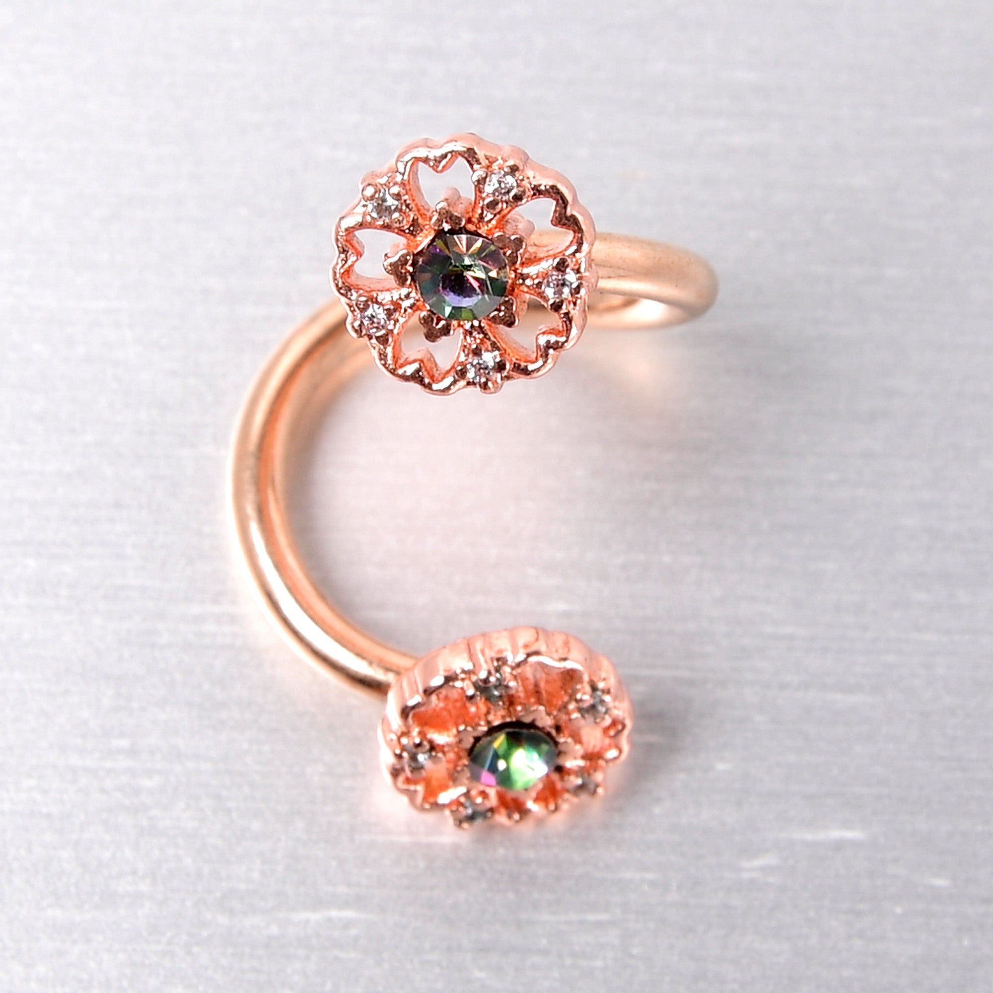BodyCandy Vitrail Gem Rose Gold Tone Flower Spiral Twister Belly Ring — in-use photo
