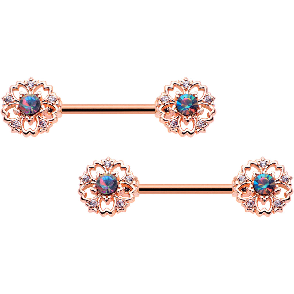 BodyCandy 14G 9/16 Vitrail Gem Rosy Hue Flower Barbell Nipple Ring Set — main product shot