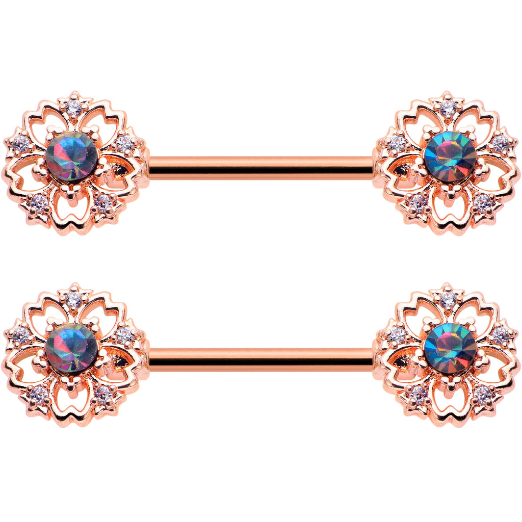 BodyCandy 14G 9/16 Vitrail Gem Rosy Hue Flower Barbell Nipple Ring Set — detail close-up