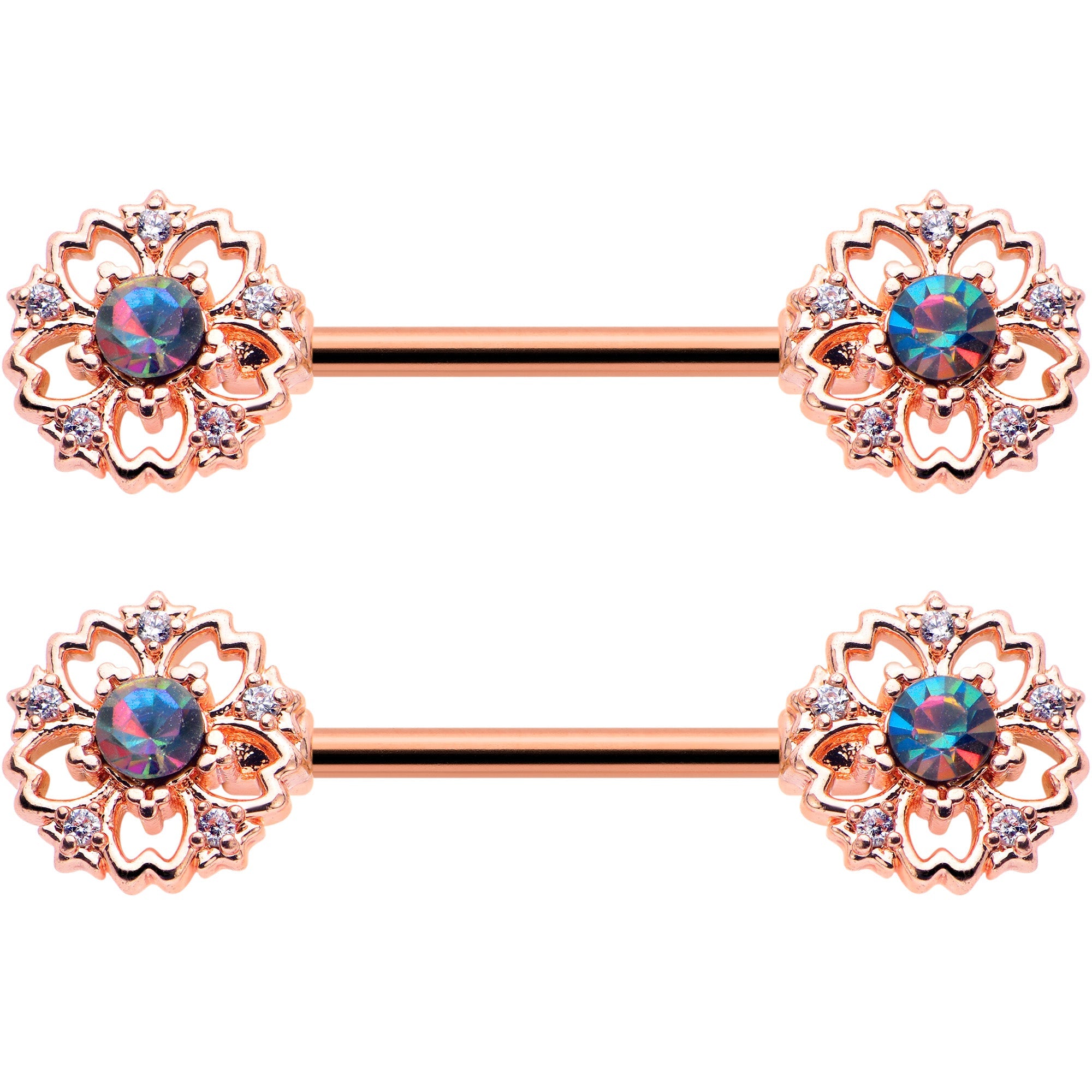 BodyCandy 14G 9/16 Vitrail Gem Rosy Hue Flower Barbell Nipple Ring Set — detail close-up