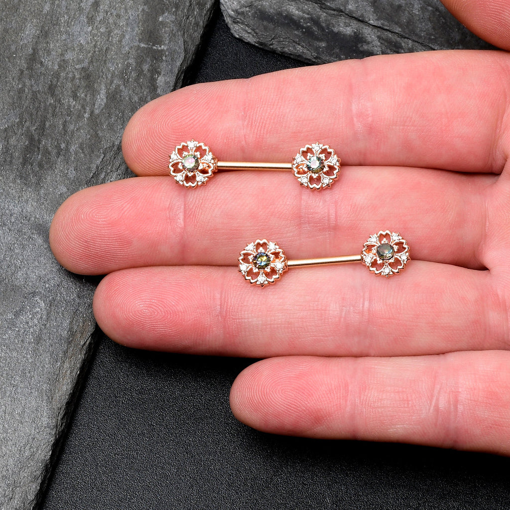 BodyCandy 14G 9/16 Vitrail Gem Rosy Hue Flower Barbell Nipple Ring Set — lifestyle context