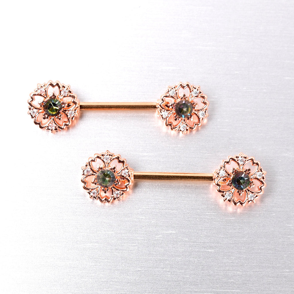 BodyCandy 14G 9/16 Vitrail Gem Rosy Hue Flower Barbell Nipple Ring Set — side view