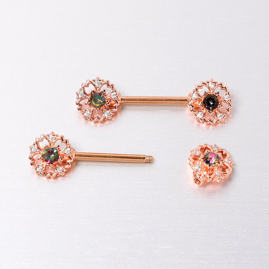 BodyCandy 14G 9/16 Vitrail Gem Rosy Hue Flower Barbell Nipple Ring Set — back view