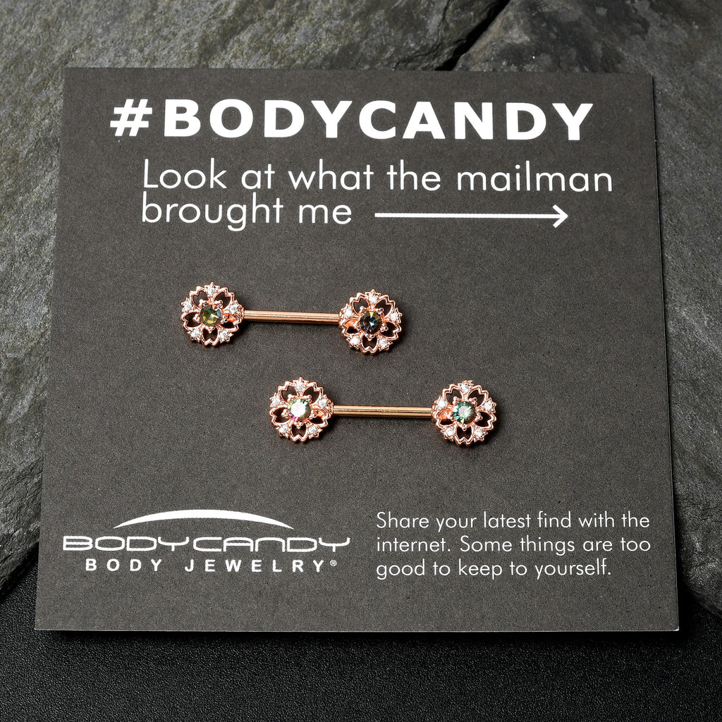 BodyCandy 14G 9/16 Vitrail Gem Rosy Hue Flower Barbell Nipple Ring Set — in-use photo