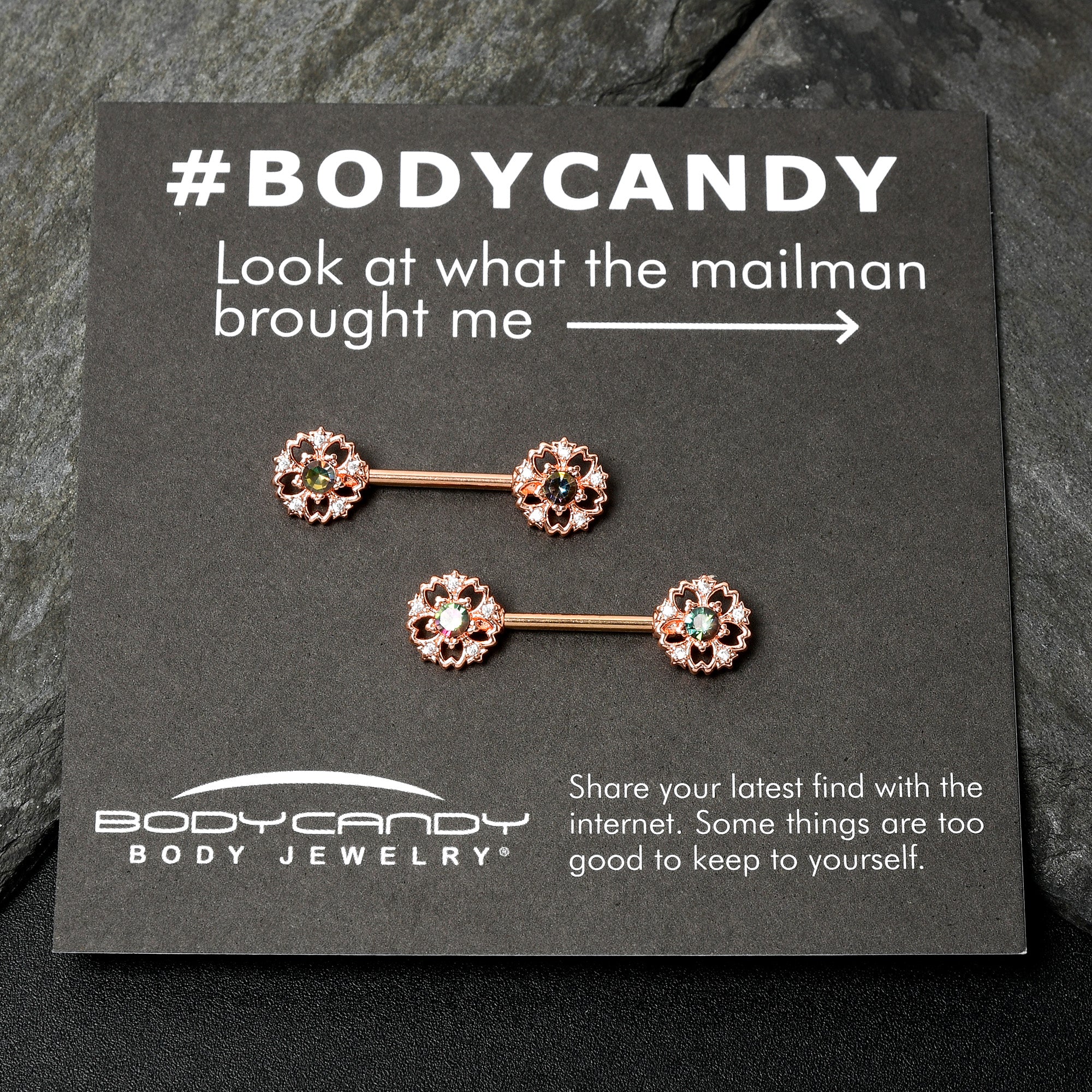 BodyCandy 14G 9/16 Vitrail Gem Rosy Hue Flower Barbell Nipple Ring Set — in-use photo