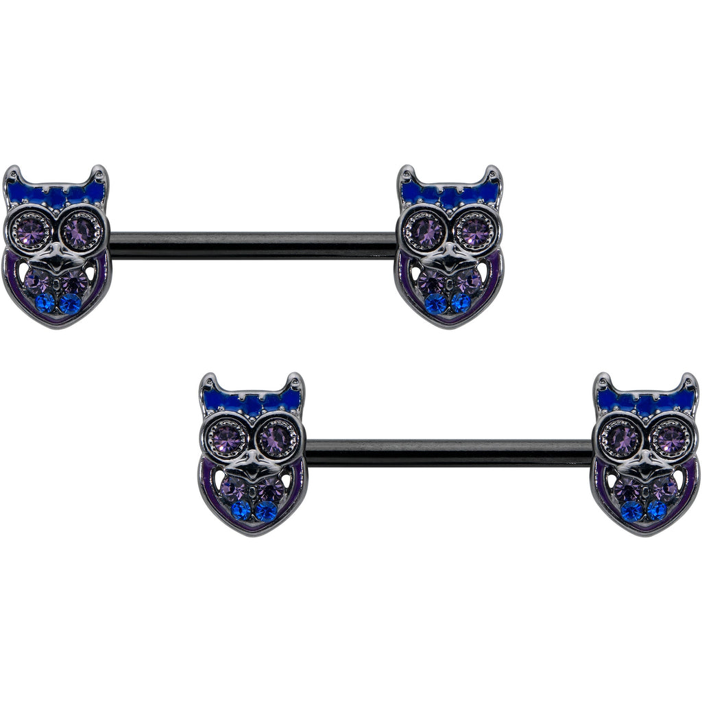 BodyCandy 14G 9/16 Purple Blue Gem Black Opulent Owl Barbell Nipple Ring Set — main product shot