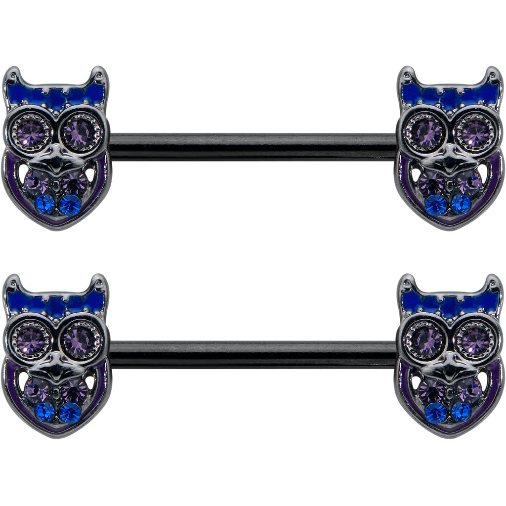 BodyCandy 14G 9/16 Purple Blue Gem Black Opulent Owl Barbell Nipple Ring Set — detail close-up