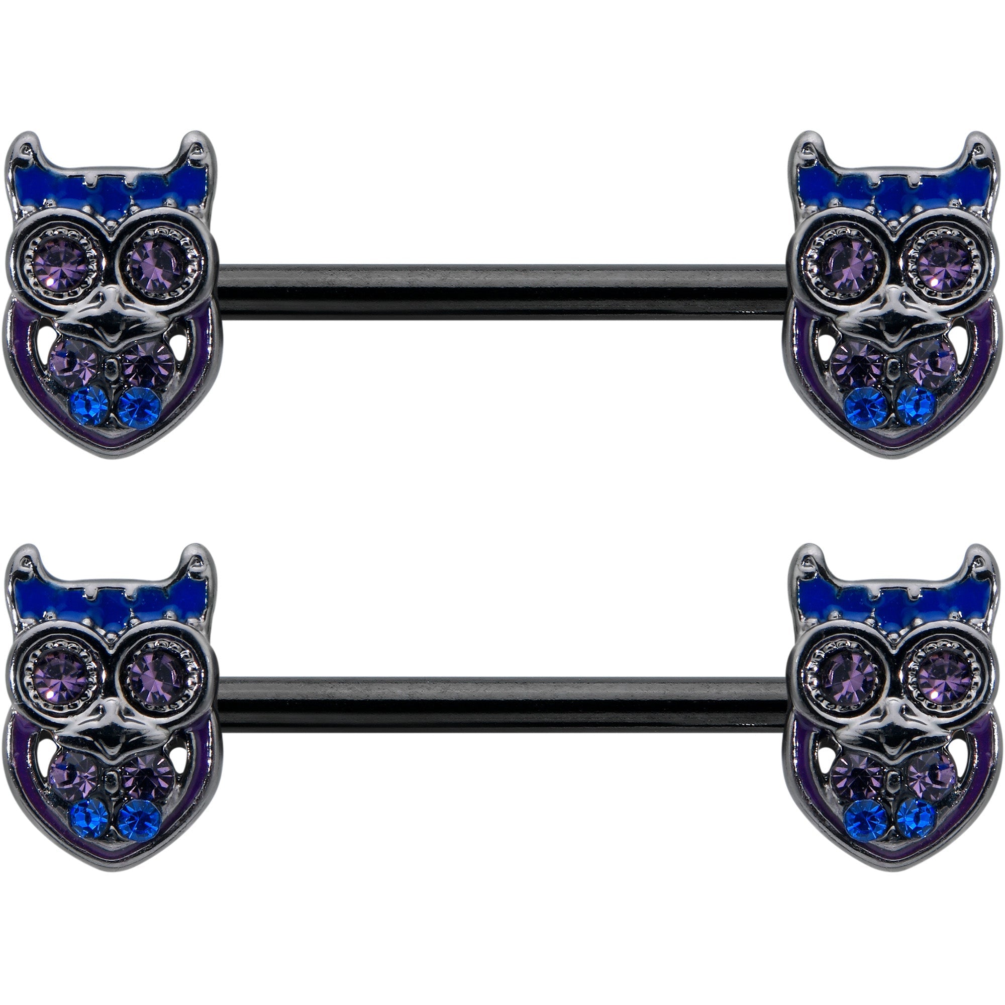 BodyCandy 14G 9/16 Purple Blue Gem Black Opulent Owl Barbell Nipple Ring Set — detail close-up
