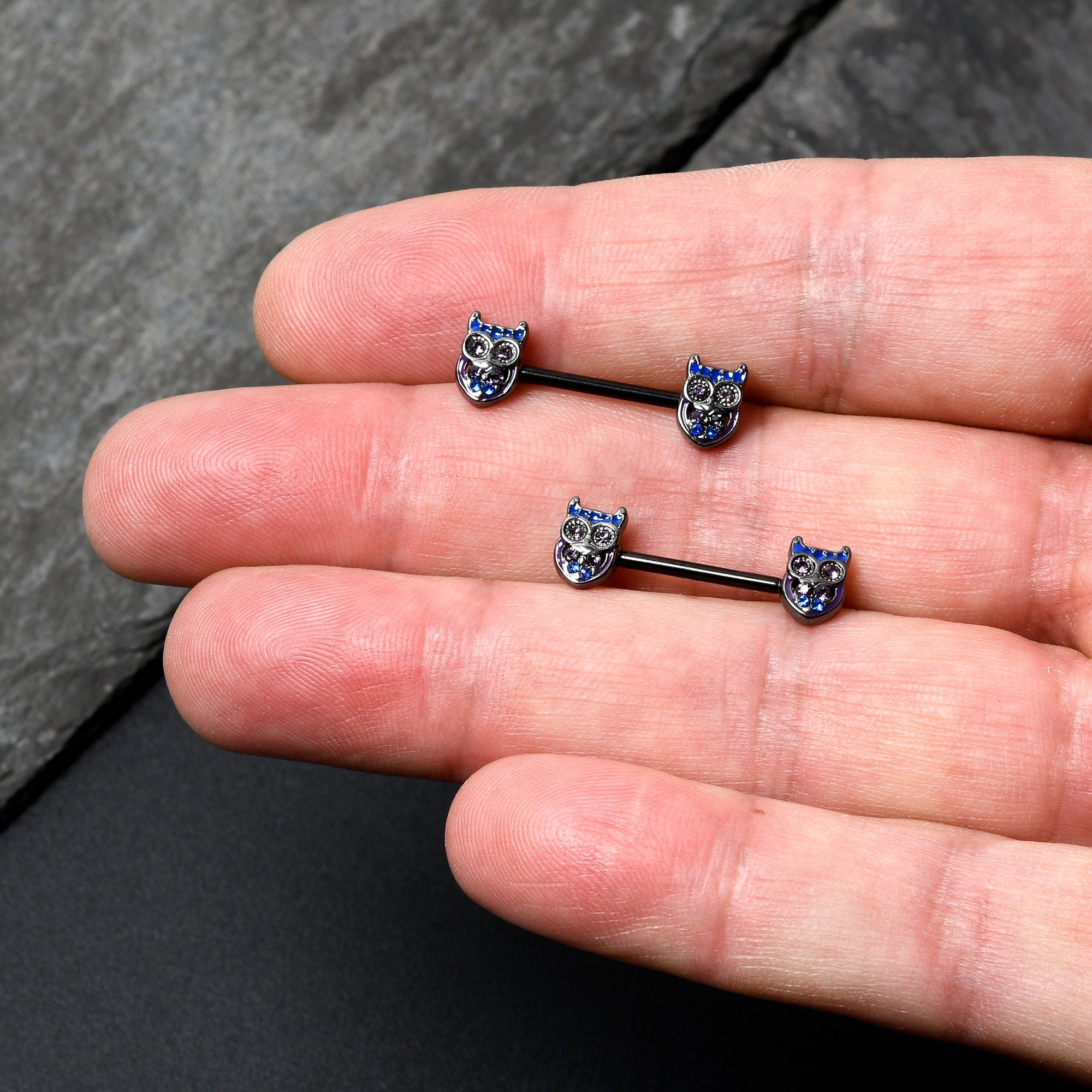 BodyCandy 14G 9/16 Purple Blue Gem Black Opulent Owl Barbell Nipple Ring Set — lifestyle context