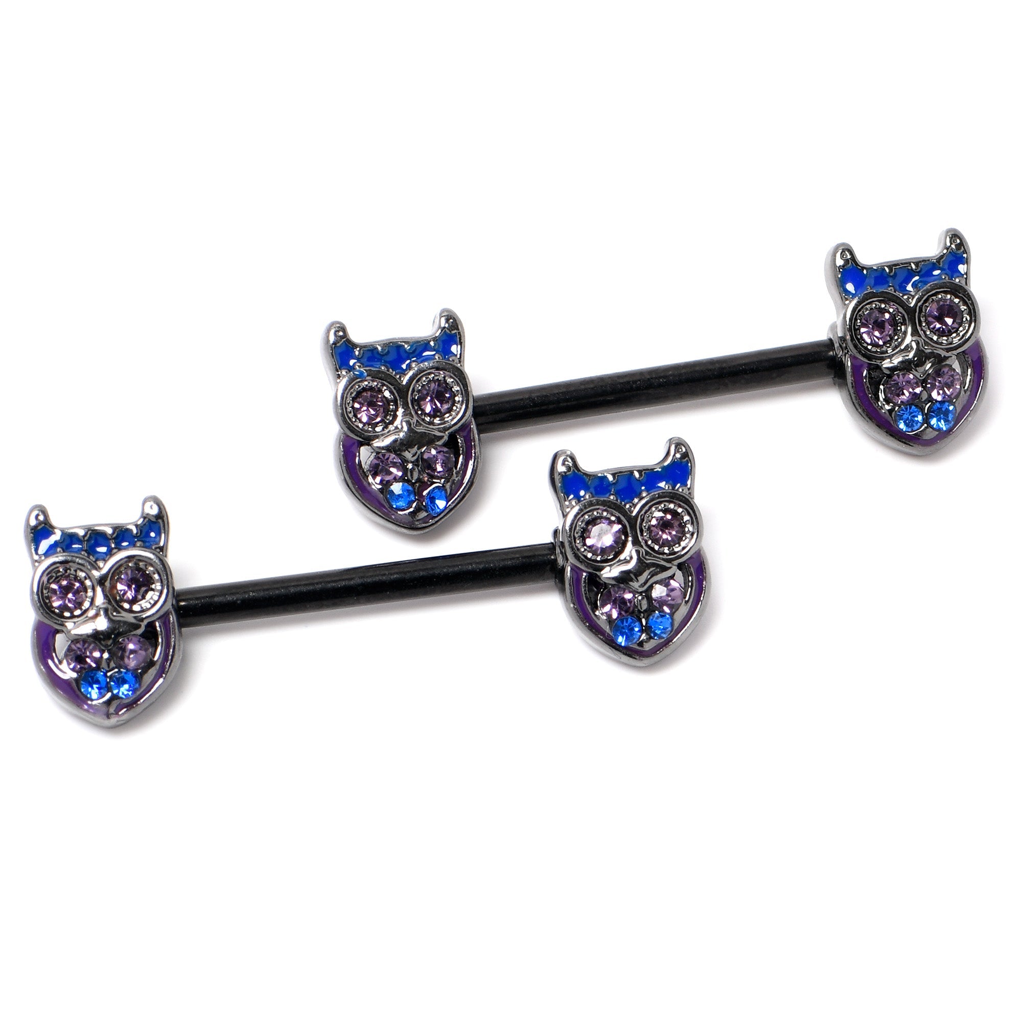 BodyCandy 14G 9/16 Purple Blue Gem Black Opulent Owl Barbell Nipple Ring Set — side view