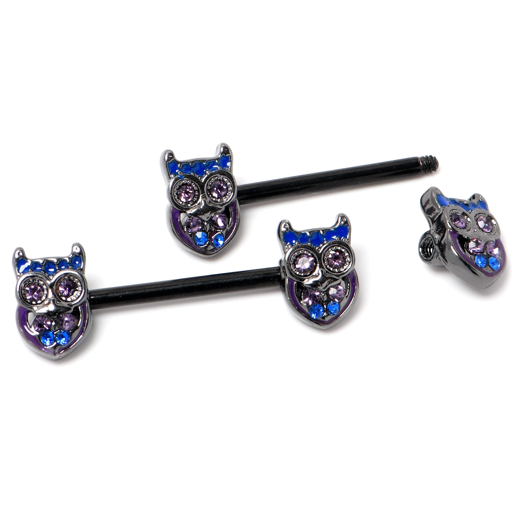 BodyCandy 14G 9/16 Purple Blue Gem Black Opulent Owl Barbell Nipple Ring Set — back view