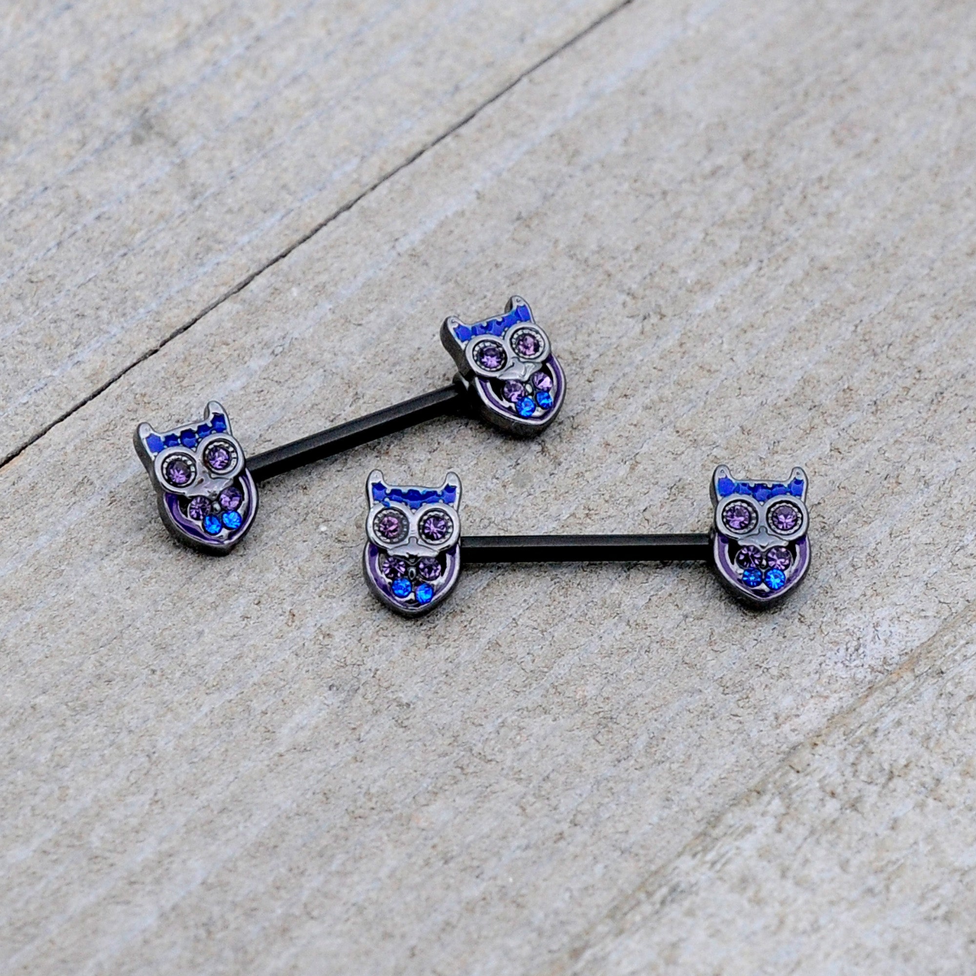 BodyCandy 14G 9/16 Purple Blue Gem Black Opulent Owl Barbell Nipple Ring Set — alternative angle