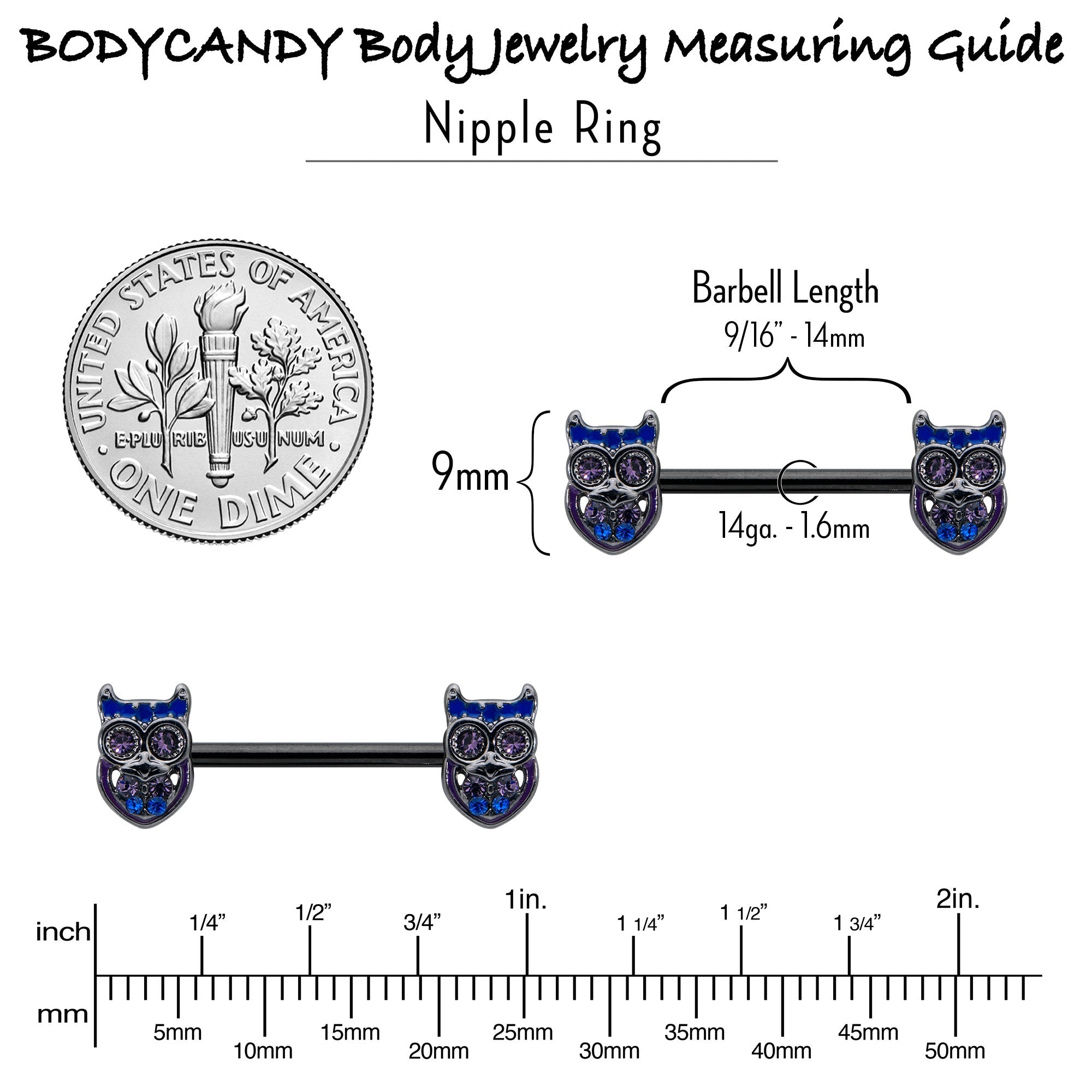BodyCandy 14G 9/16 Purple Blue Gem Black Opulent Owl Barbell Nipple Ring Set — in-use photo