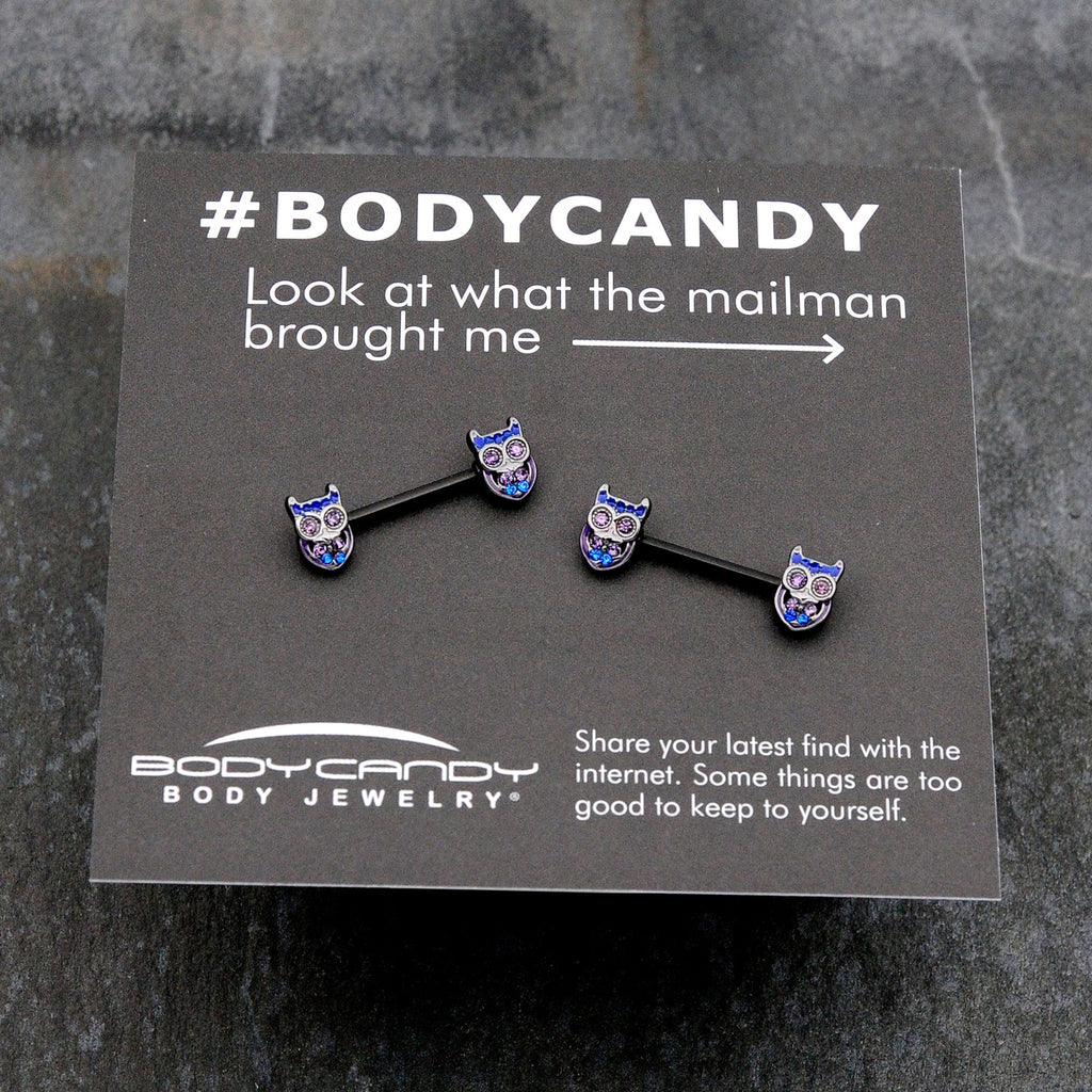 BodyCandy 14G 9/16 Purple Blue Gem Black Opulent Owl Barbell Nipple Ring Set — size reference