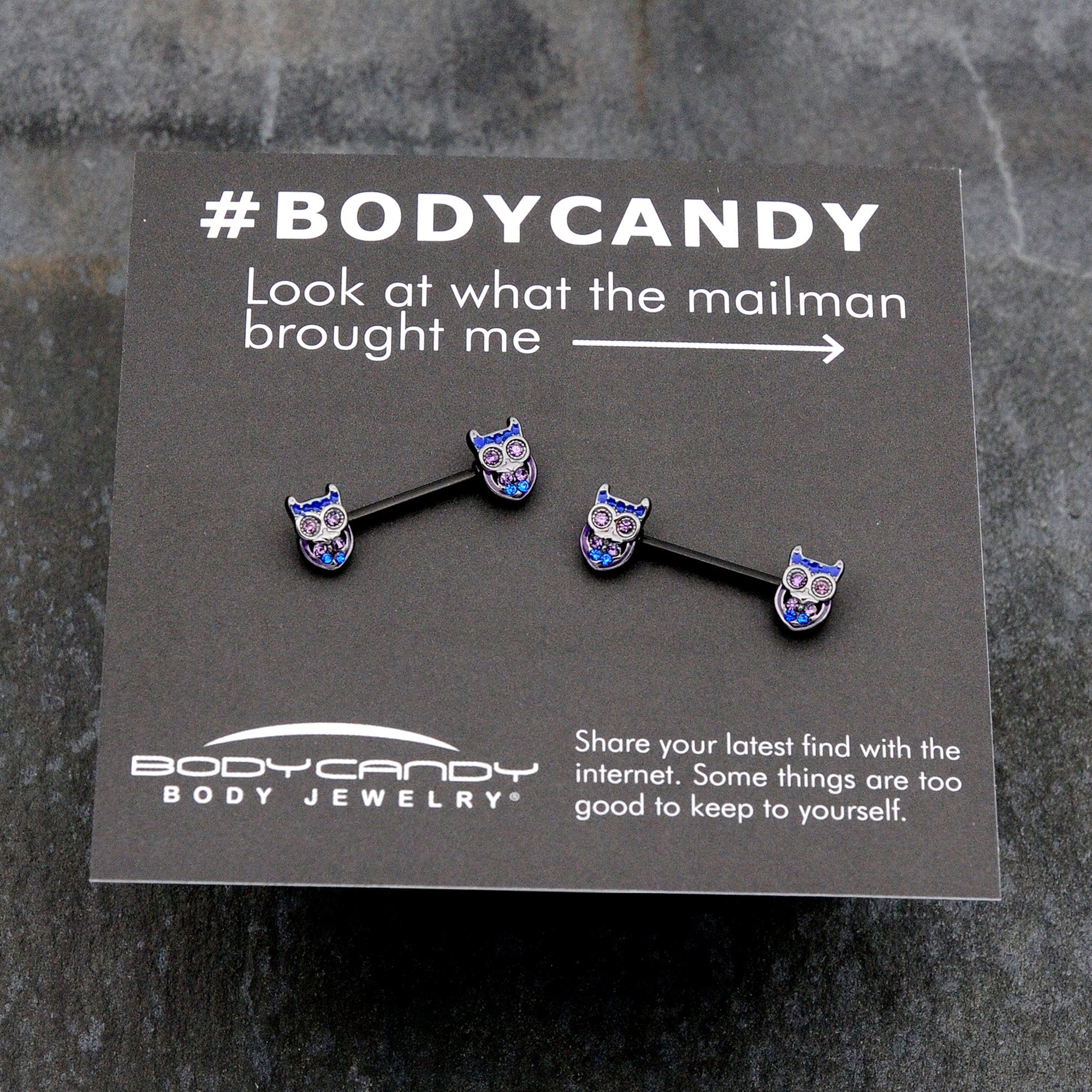 BodyCandy 14G 9/16 Purple Blue Gem Black Opulent Owl Barbell Nipple Ring Set — size reference