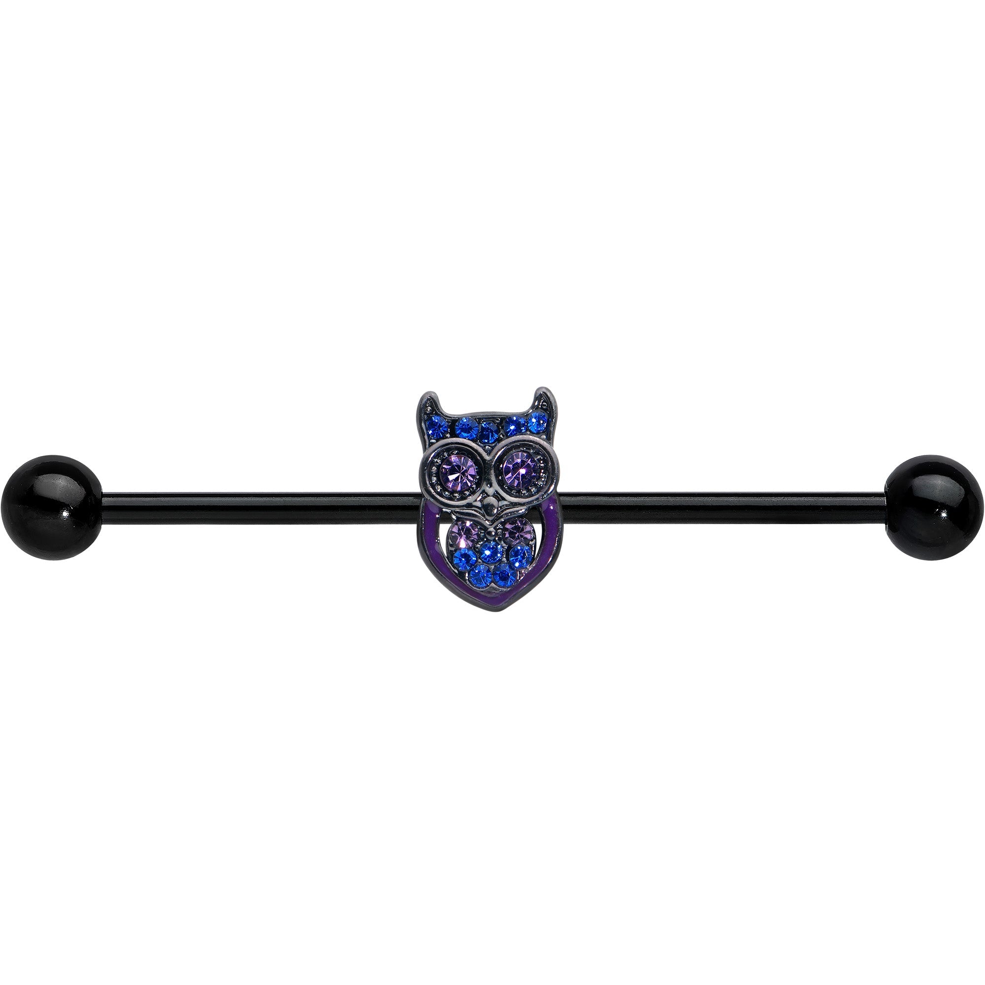 BodyCandy 14G Blue Purple Gem Black Opulent Owl Industrial Barbell 38mm — detail close-up