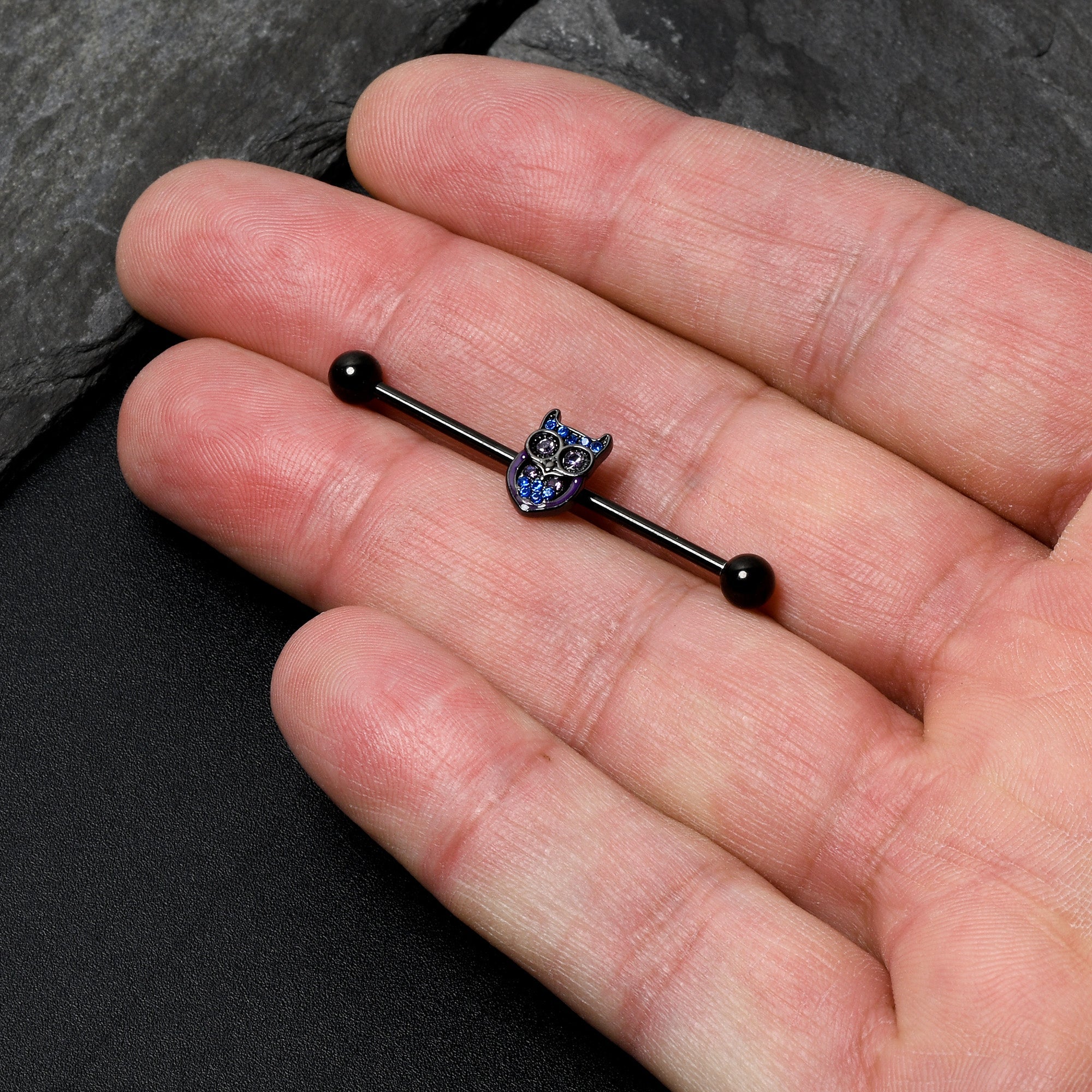 BodyCandy 14G Blue Purple Gem Black Opulent Owl Industrial Barbell 38mm — lifestyle context