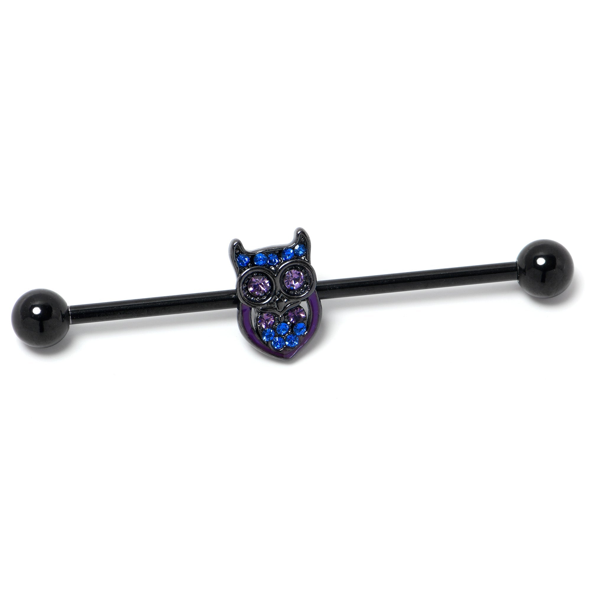 BodyCandy 14G Blue Purple Gem Black Opulent Owl Industrial Barbell 38mm — side view