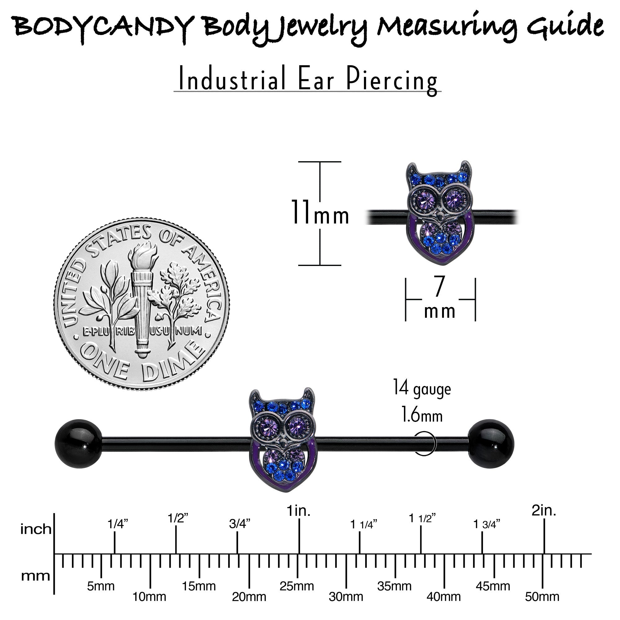 BodyCandy 14G Blue Purple Gem Black Opulent Owl Industrial Barbell 38mm — in-use photo