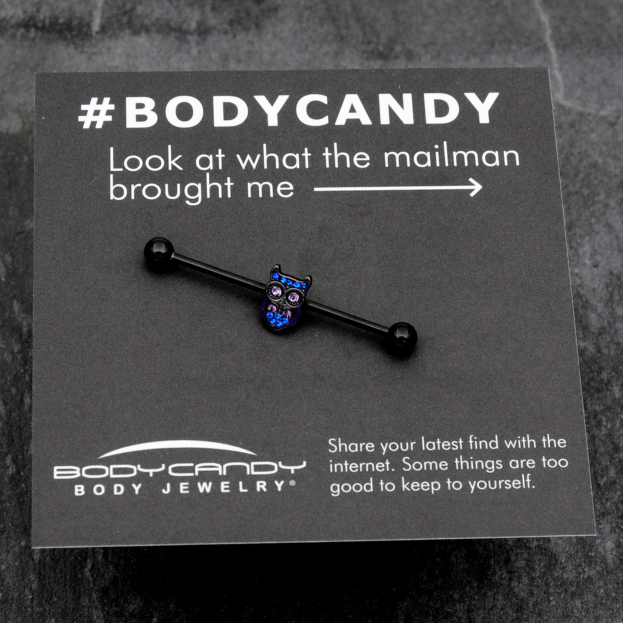 BodyCandy 14G Blue Purple Gem Black Opulent Owl Industrial Barbell 38mm — size reference