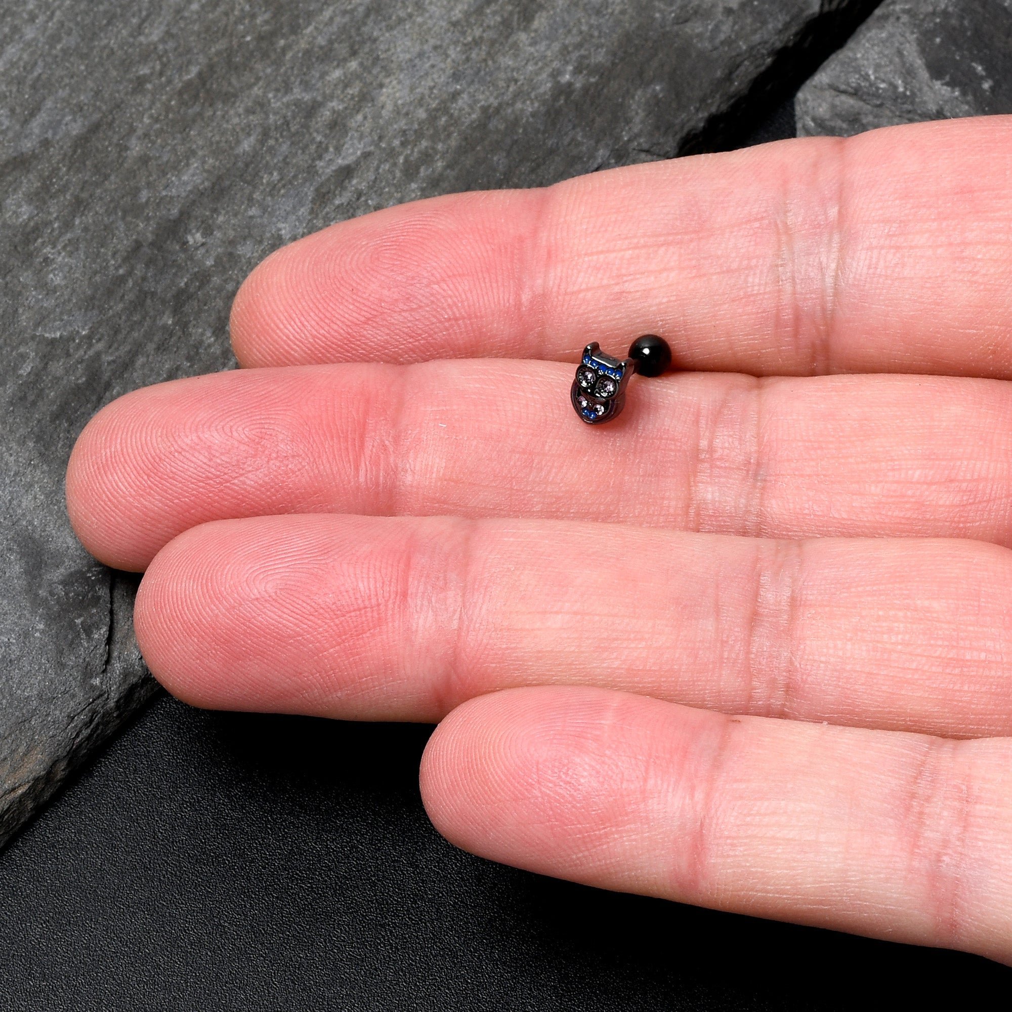 BodyCandy 16G 1/4 Purple Gem Black Opulent Owl Cartilage Tragus Earring — side view