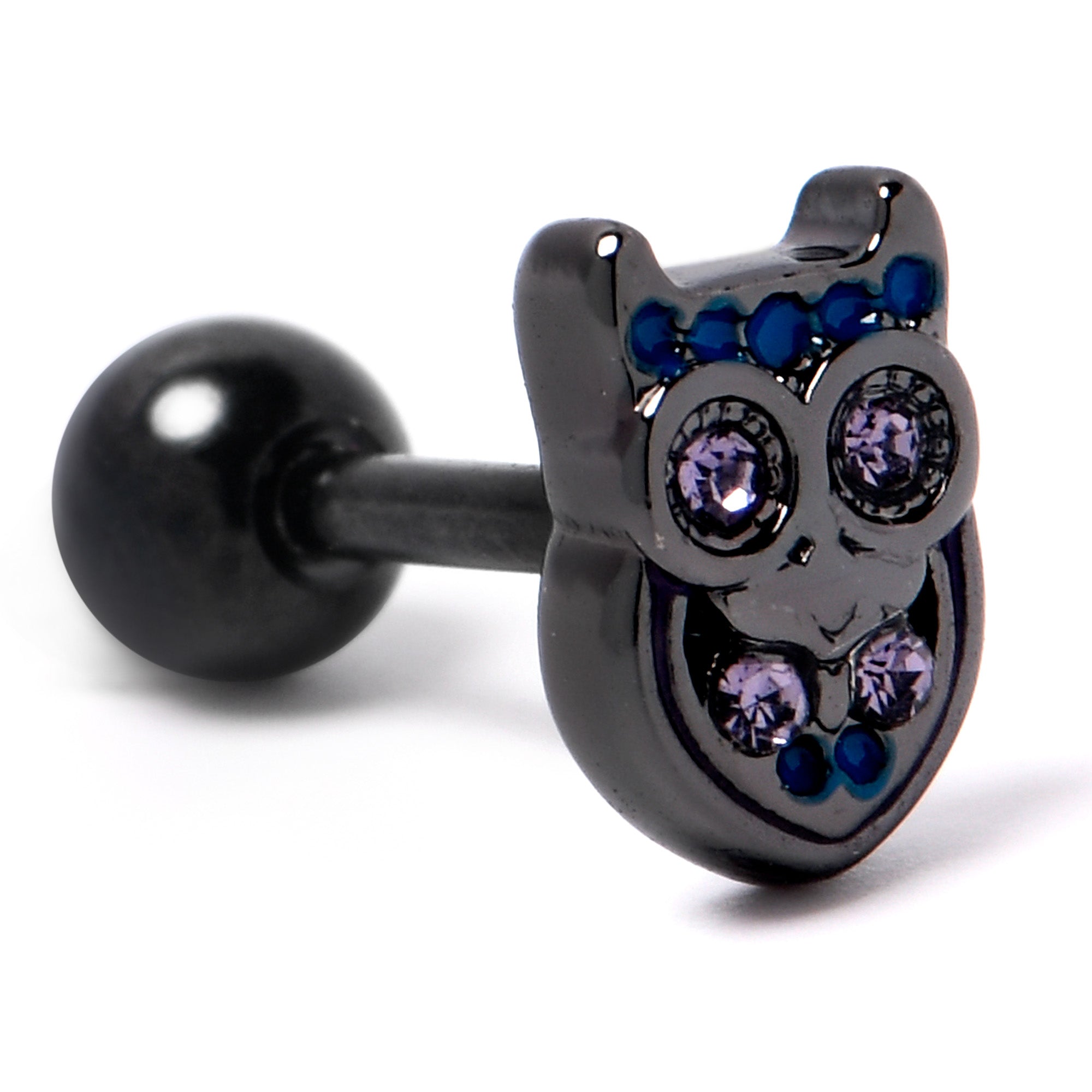 BodyCandy 16G 1/4 Purple Gem Black Opulent Owl Cartilage Tragus Earring — back view