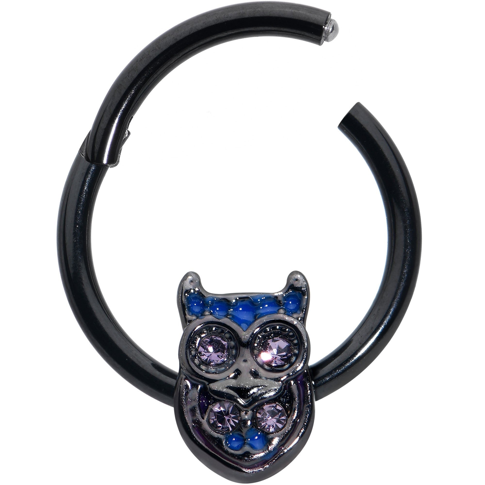 BodyCandy 16G 3/8 Purple Gem Black Opulent Owl Hinged Segment Ring — detail close-up