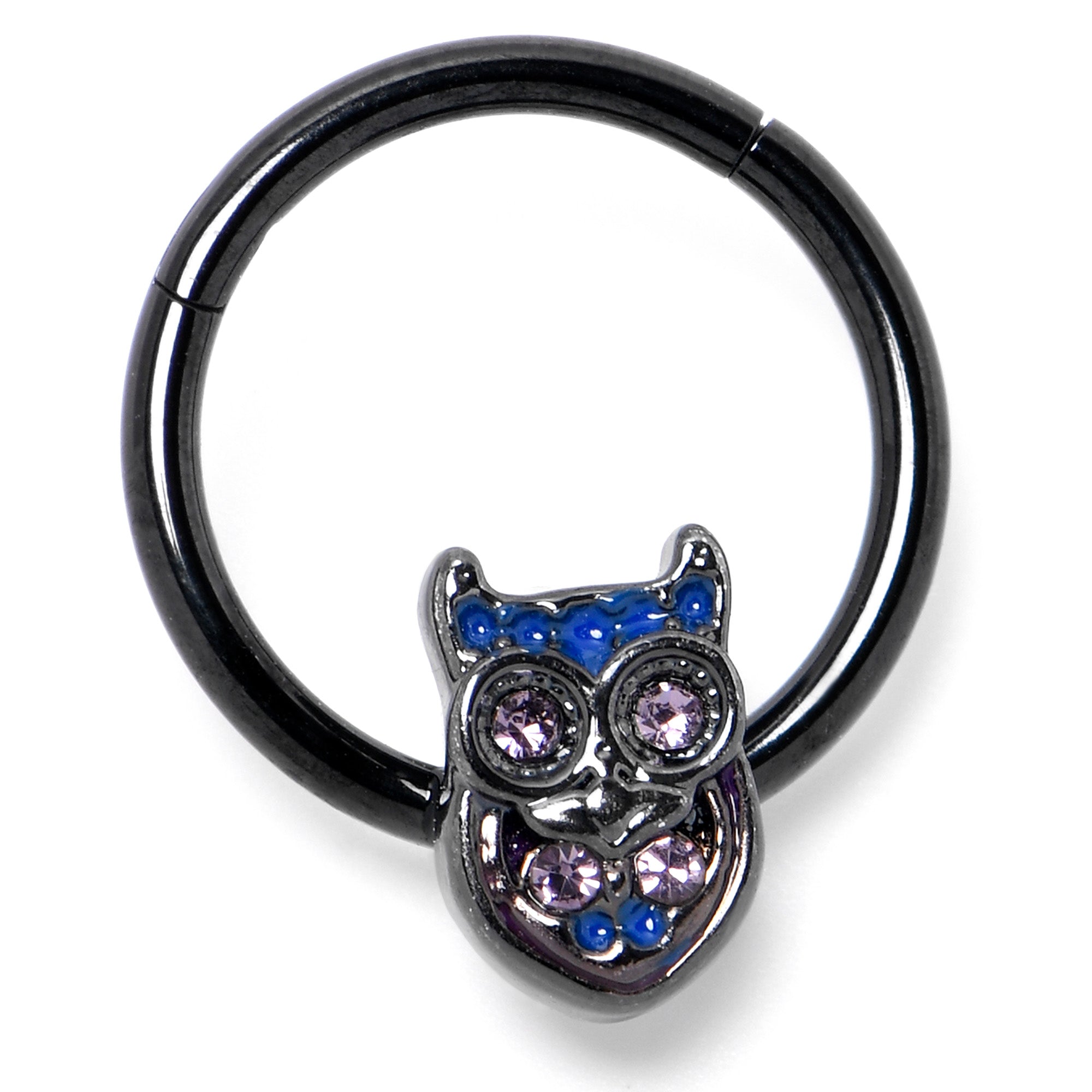 BodyCandy 16G 3/8 Purple Gem Black Opulent Owl Hinged Segment Ring — side view