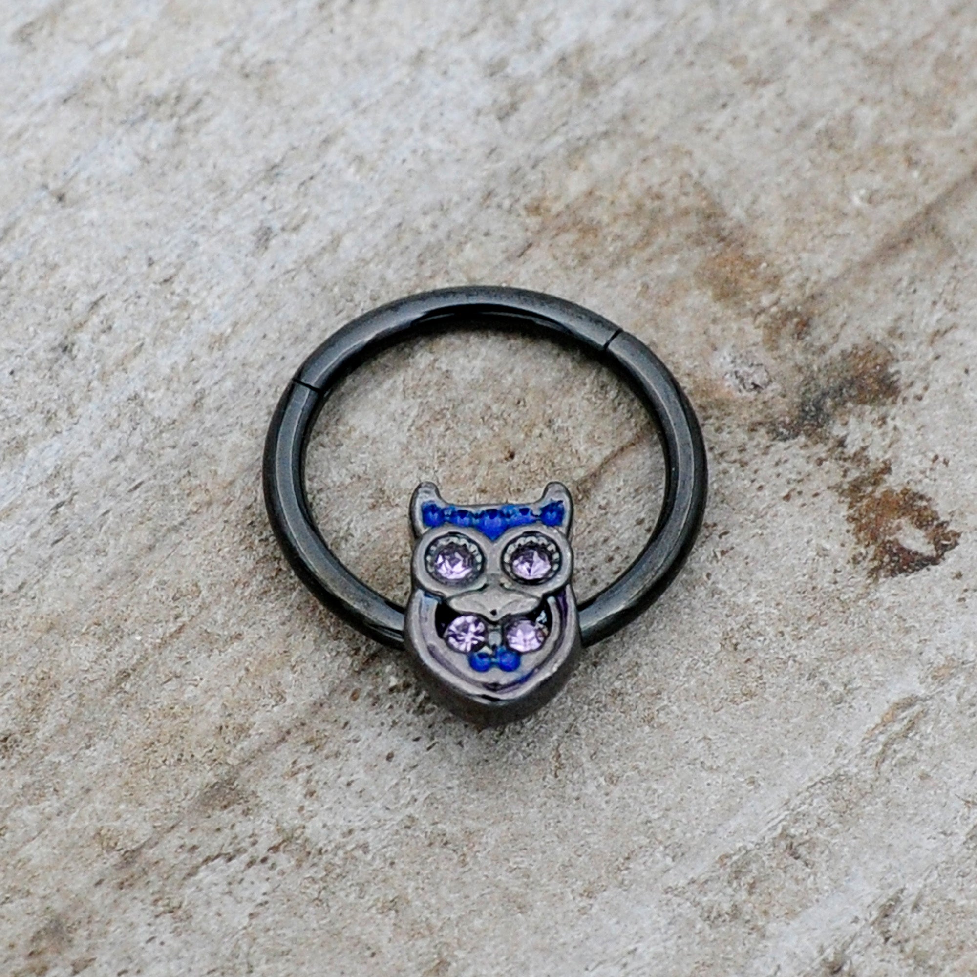 BodyCandy 16G 3/8 Purple Gem Black Opulent Owl Hinged Segment Ring — alternative angle