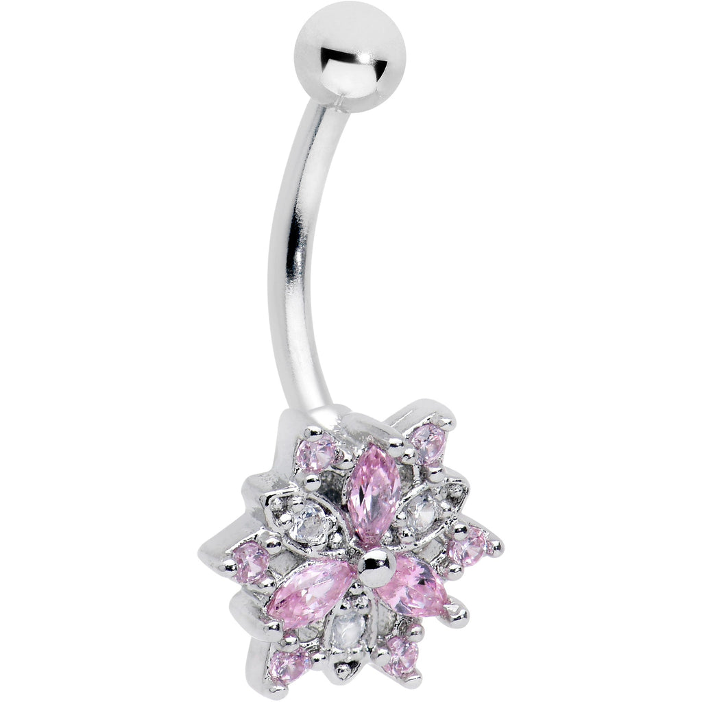 BodyCandy 16G 5/16 Pink Clear CZ Gem Snowflake Style Curved Eyebrow Ring — detail close-up