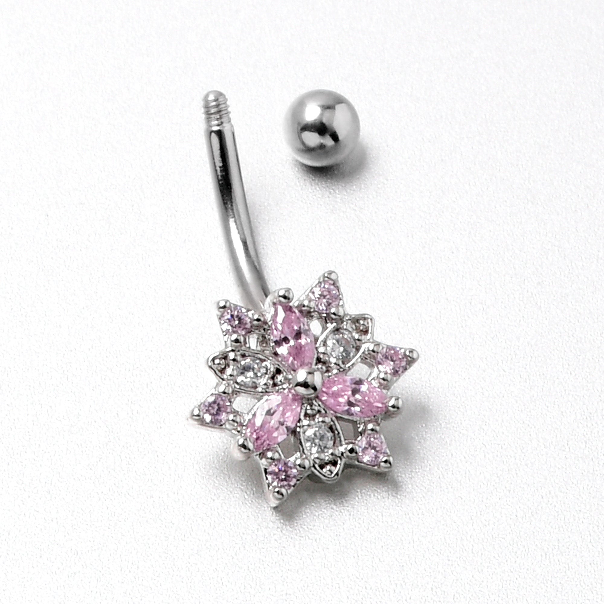 BodyCandy 16G 5/16 Pink Clear CZ Gem Snowflake Style Curved Eyebrow Ring — in-use photo