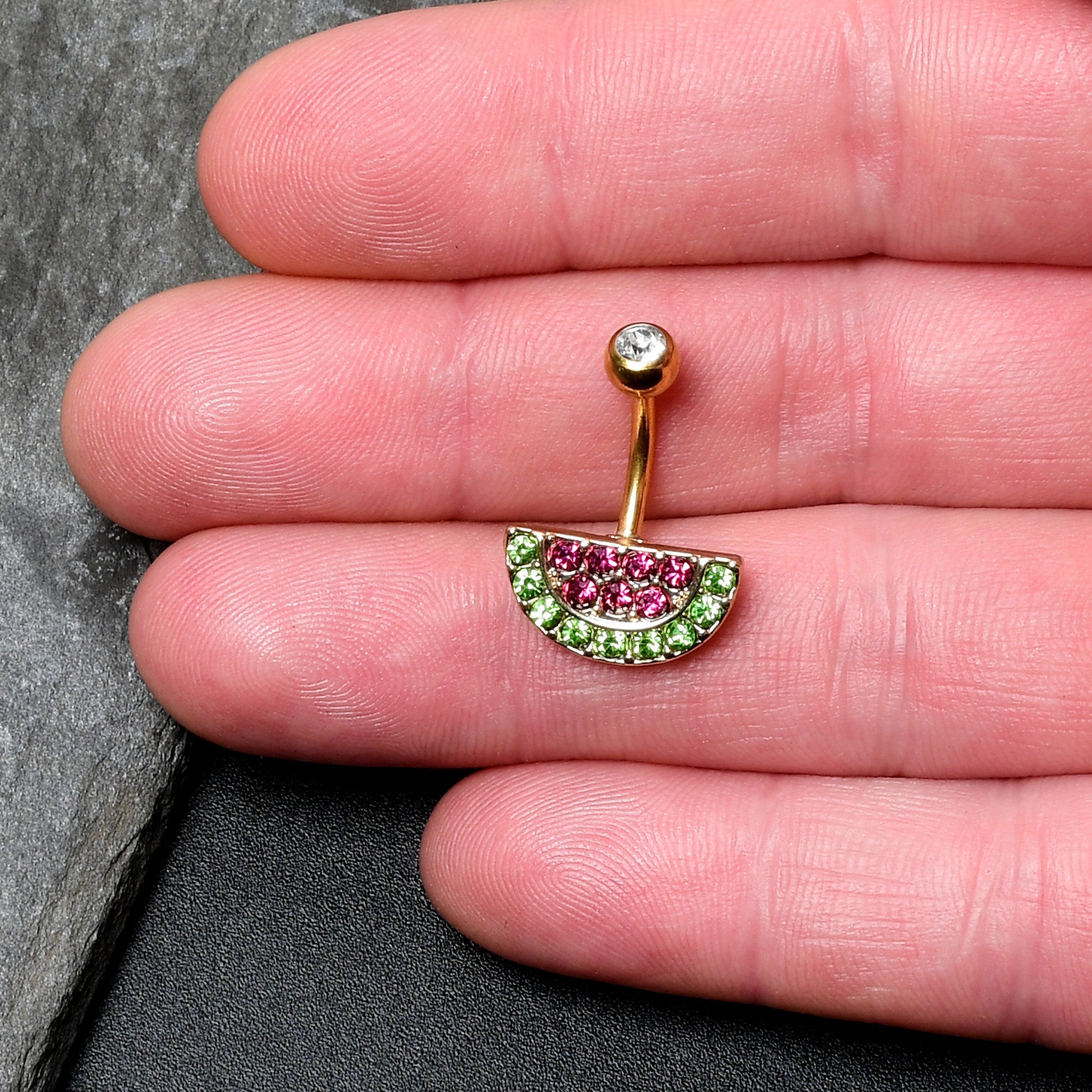 BodyCandy Pink Green Gem Gold Tone Watermelon Yum Belly Ring — detail close-up